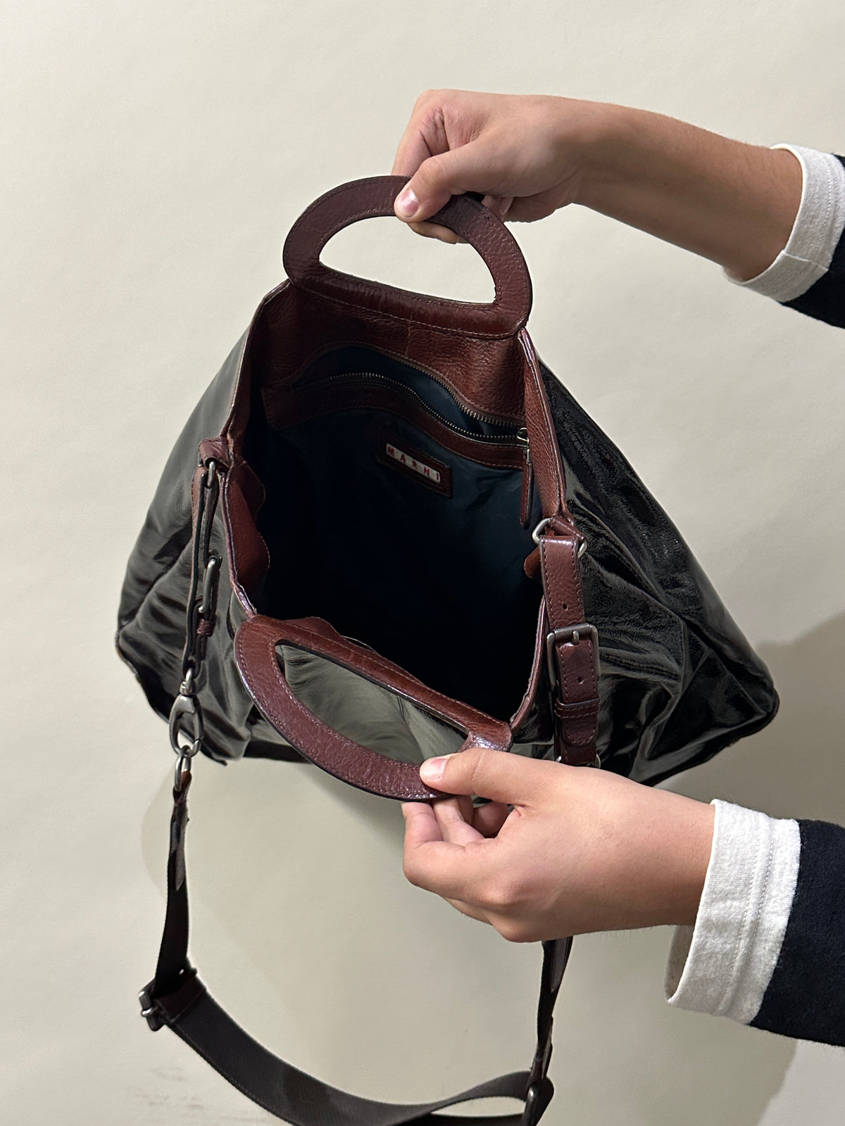 Marni Black & Brown Mixed Leather Hobo Bag
