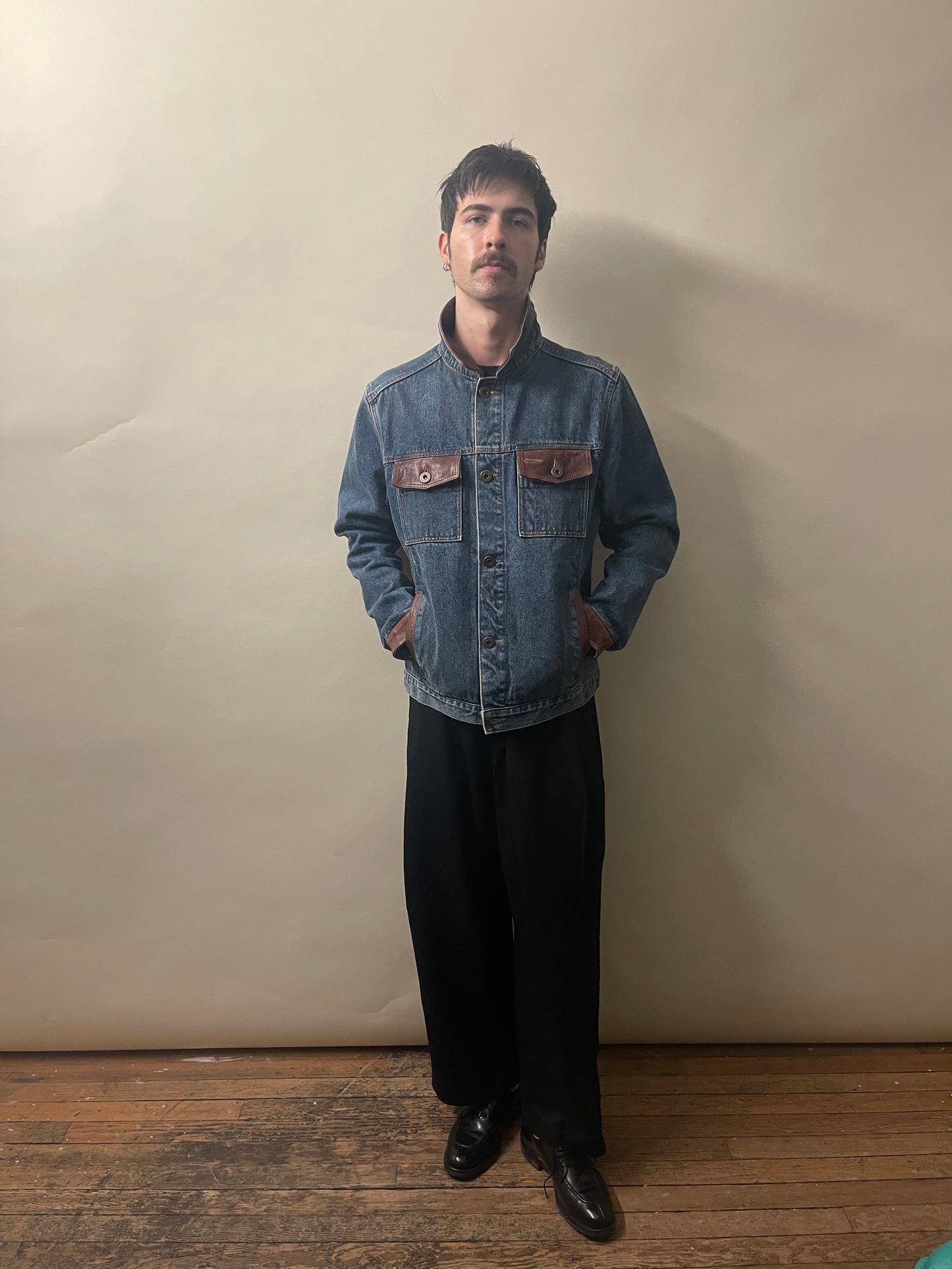 Mavericks of Scottsdale Mid Blue & Brown Denim & Leather Trucker Jacket Medium - M