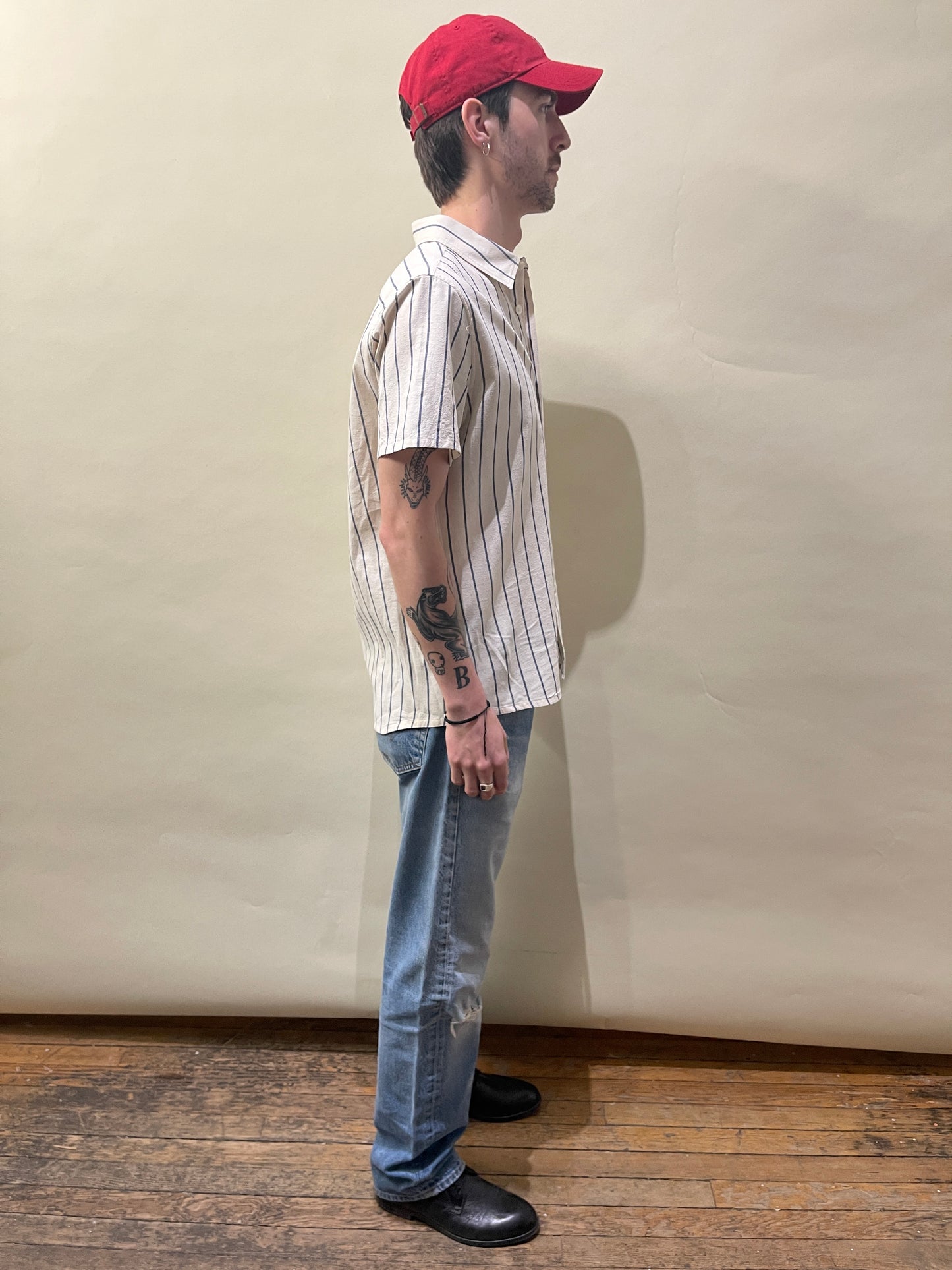 A.P.C. Bone & Blue Striped Textured Cotton SS Button Up Shirt Small - S