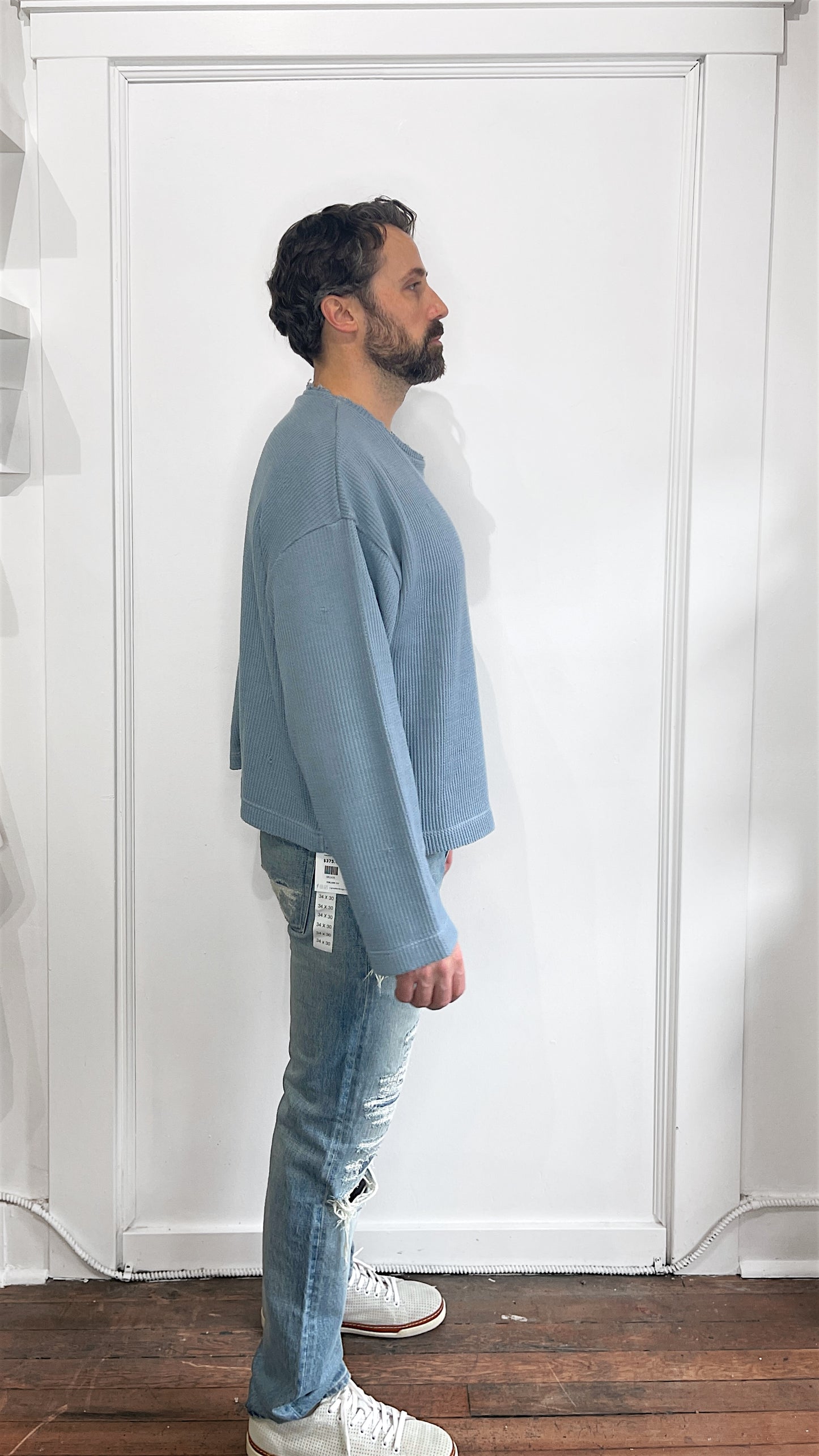 JieDa Light Blue Oversized LS Waffle Shirt Medium