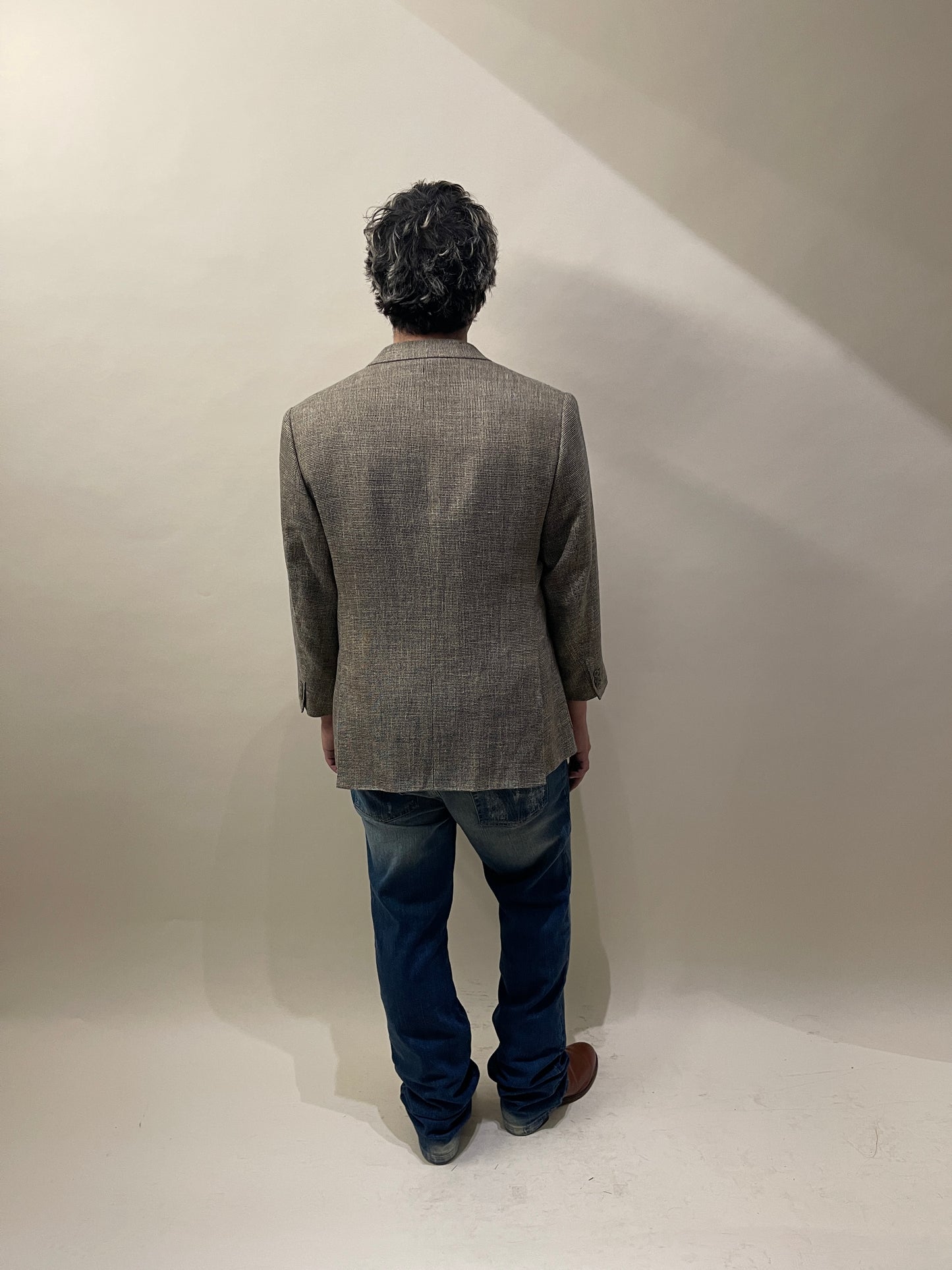 Brioni Tan & Navy Hopsack Wool Silk Linen Sport Coat 46
