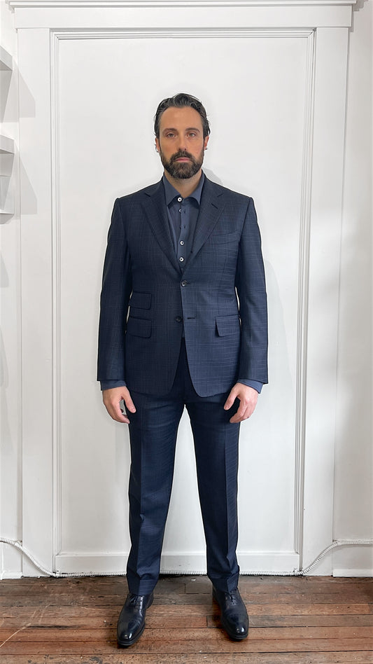 Tom Ford Navy & Black Glen Check Wool 3 Roll 2 Suit 40