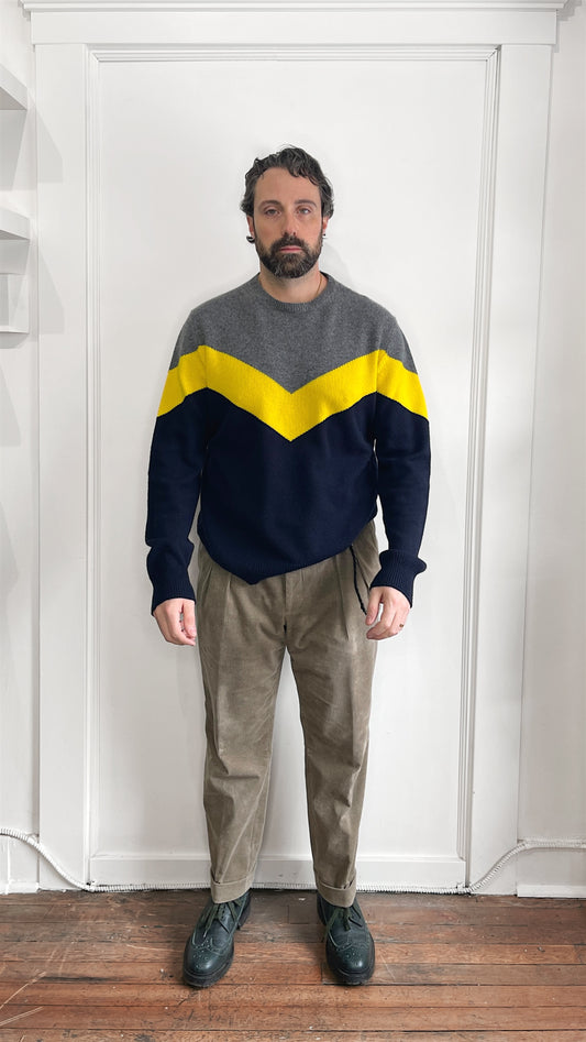 Eleventy Grey, Yellow, & Navy Cashmere Knit Crewneck Sweater XXL