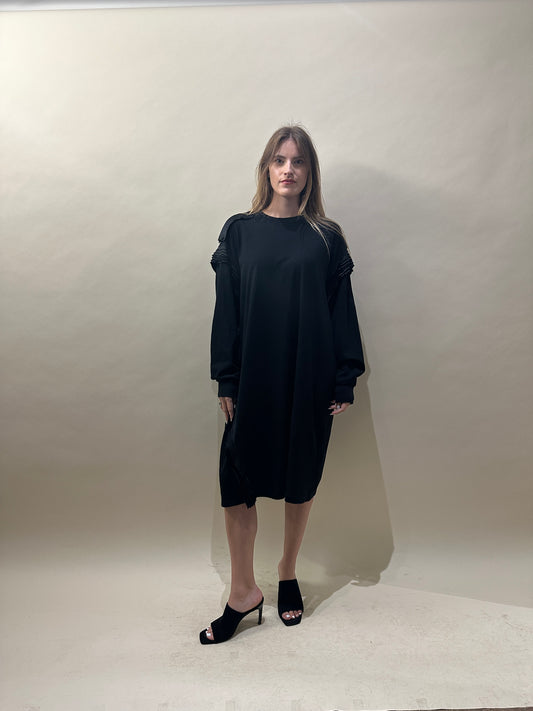 MM6 Black Cotton Satin Ruched LS T-Shirt Dress Large - L