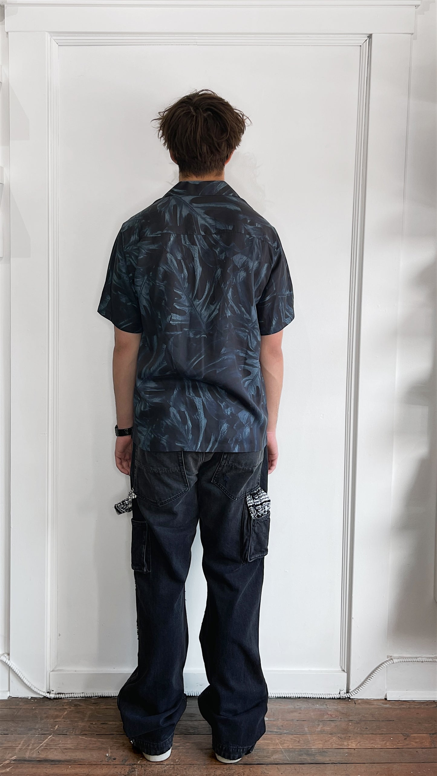 Theory Dark Slate Blue Tonal Leaf Print Lyocell Camp Shirt Medium