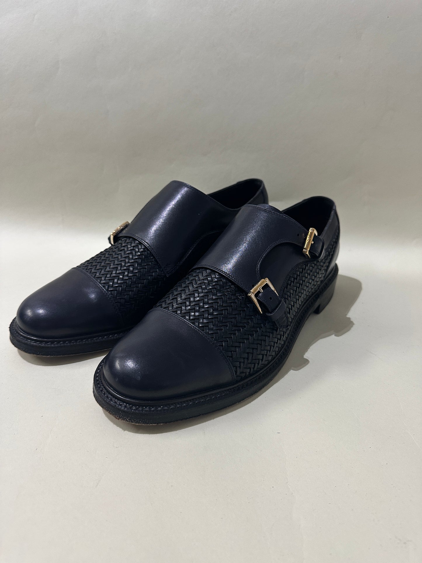 Brioni Navy Blue Leather Woven Monk Strap Dress Shoes 10 M / 11.5 W