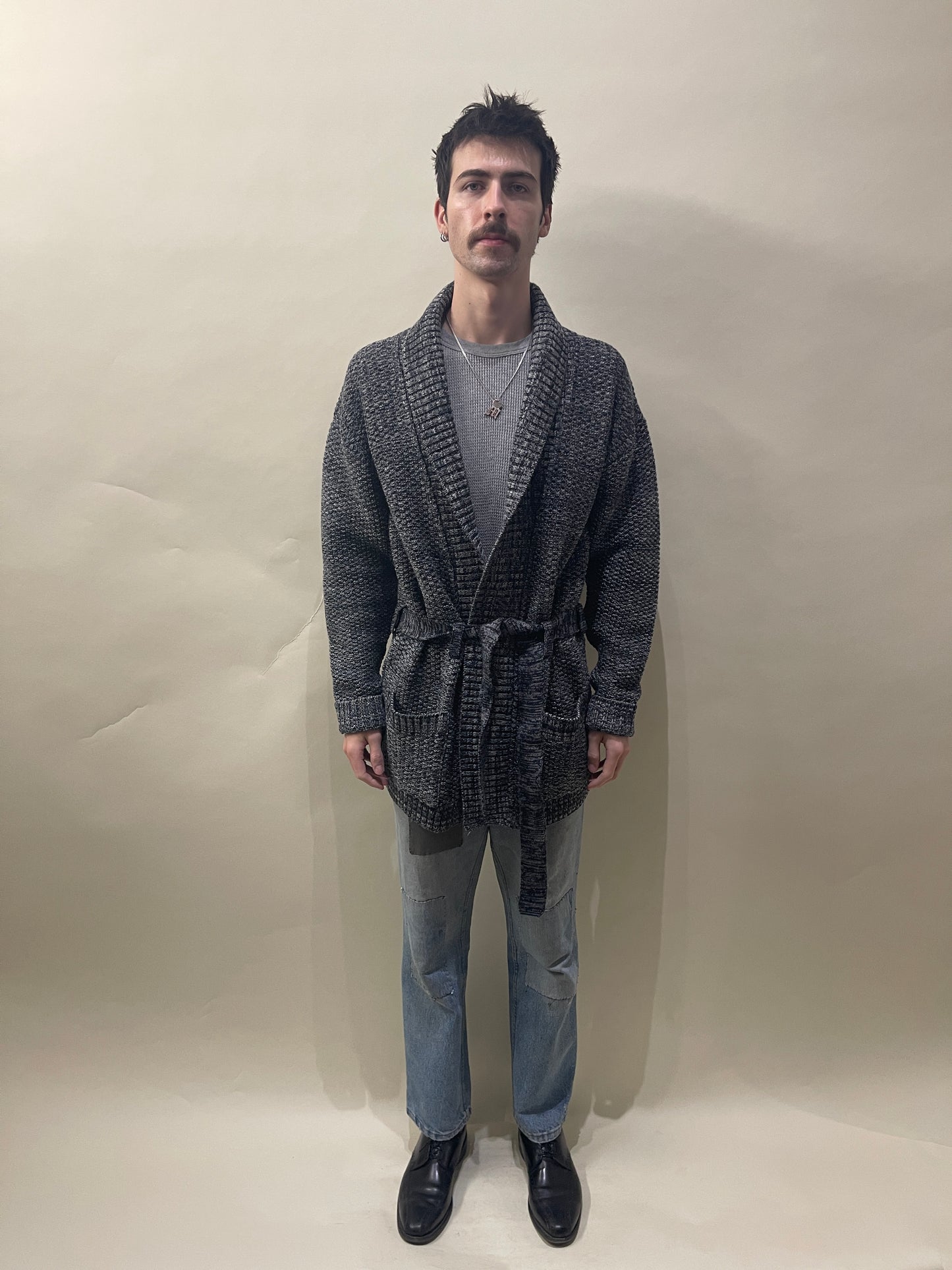 Bleu De Paname Blue & White Melange Wool Belted Cardigan Large - L