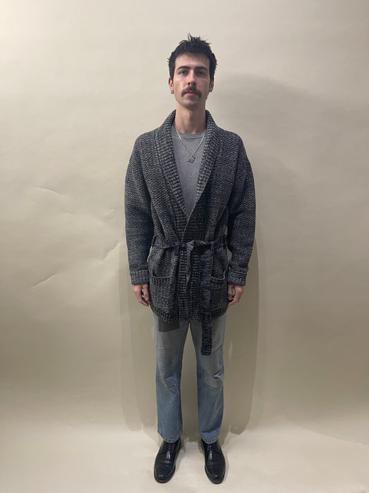 Bleu De Paname Blue & White Melange Wool Belted Cardigan Large - L