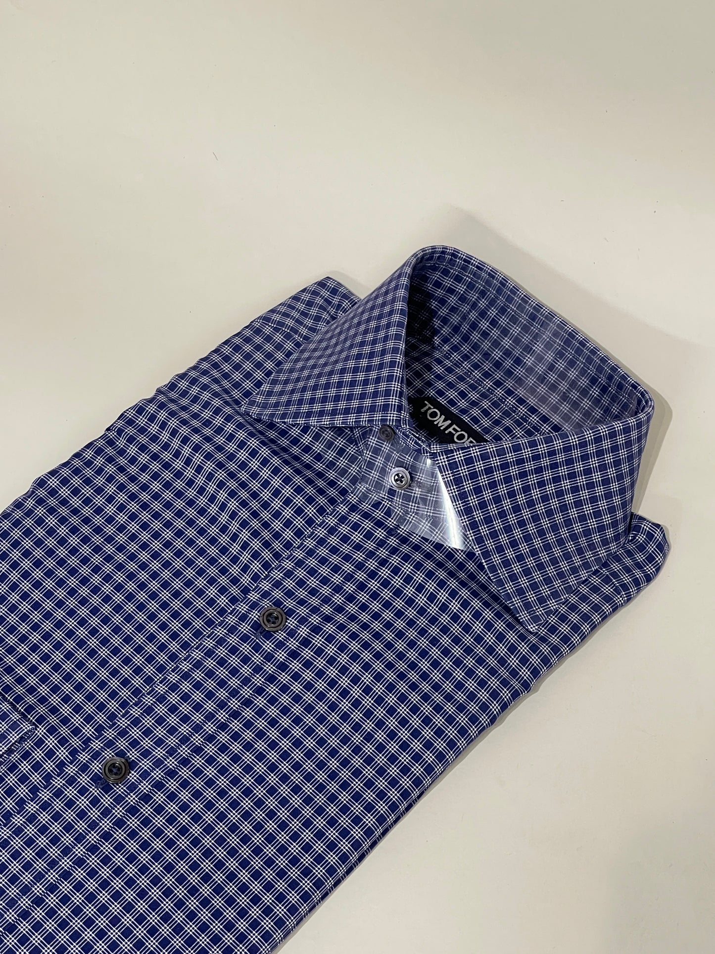 Tom Ford Navy Blue & White Grid Pattern Dress Shirt 15.5