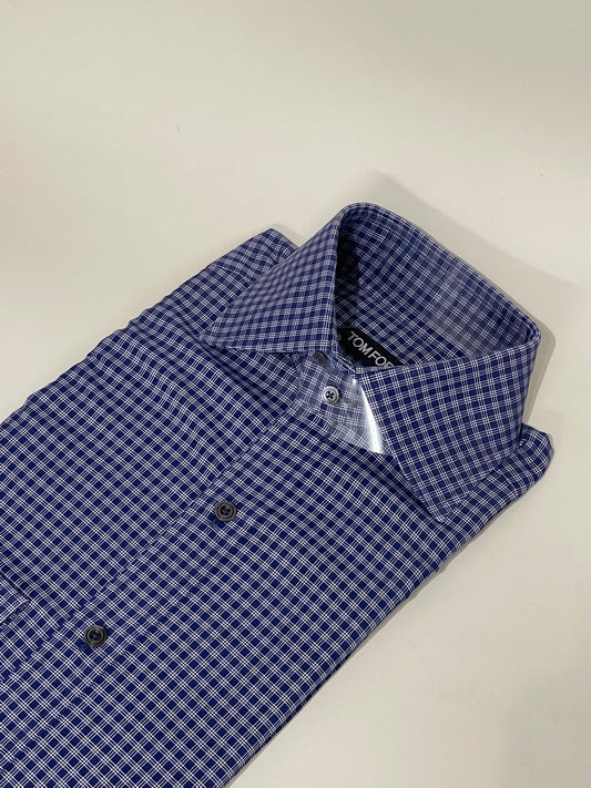 Tom Ford Navy Blue & White Grid Pattern Dress Shirt 15.5