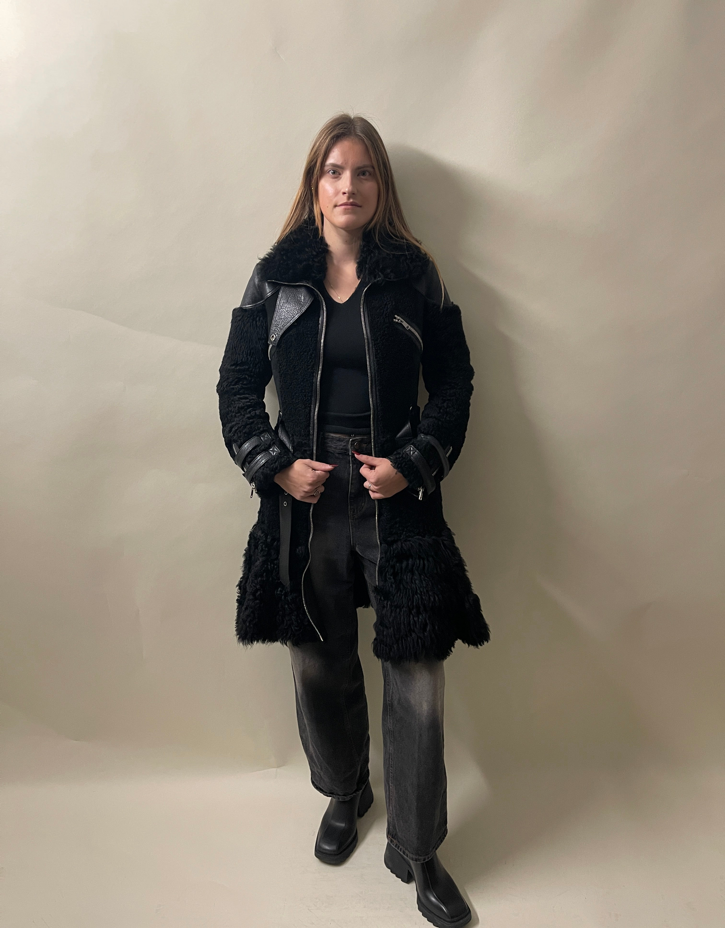 Alexander McQueen Black Buffalo Leather & Shearling Belted Overcoat 42