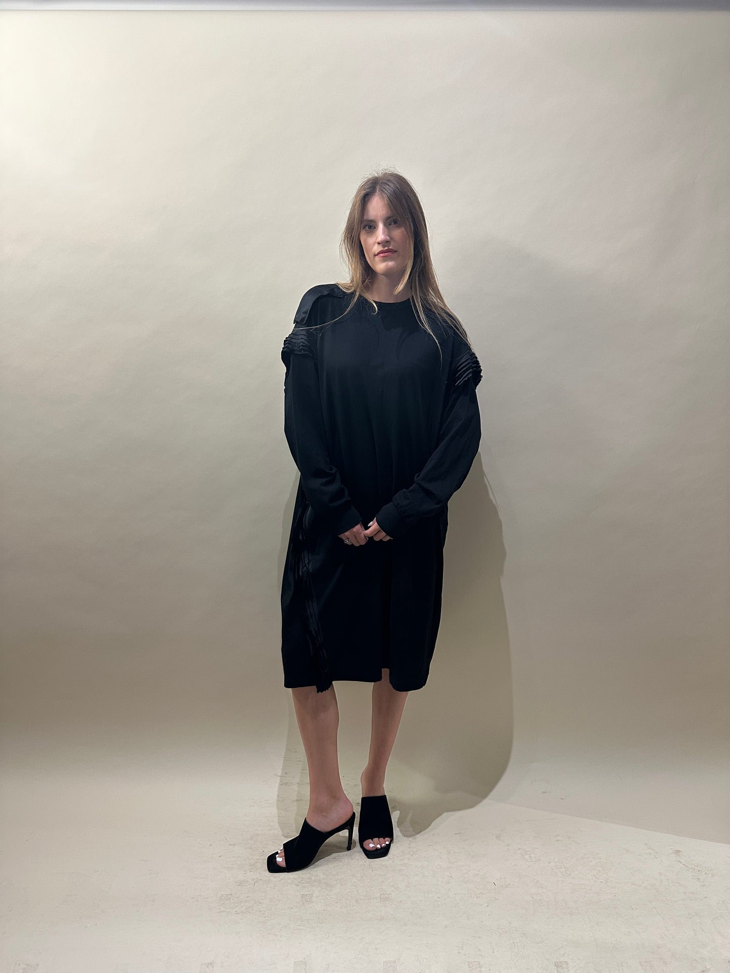 MM6 Black Cotton Satin Ruched LS T-Shirt Dress Large - L