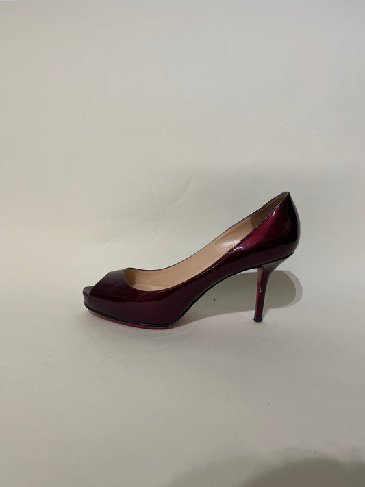 Christian Louboutin Dark Burgundy Patent Leather Prive Peep Toe Pumps 7 M / 8.5 W
