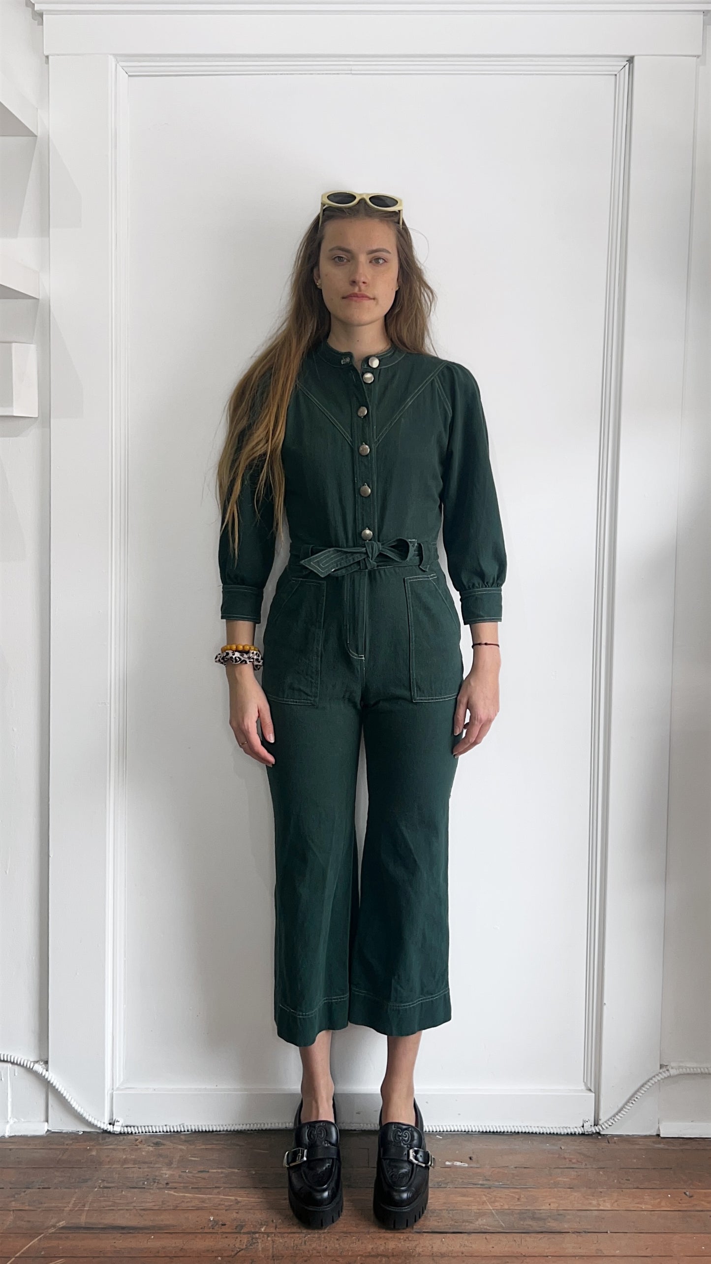 Suncoo Forest Green Denim Belted Jumpsuit Small