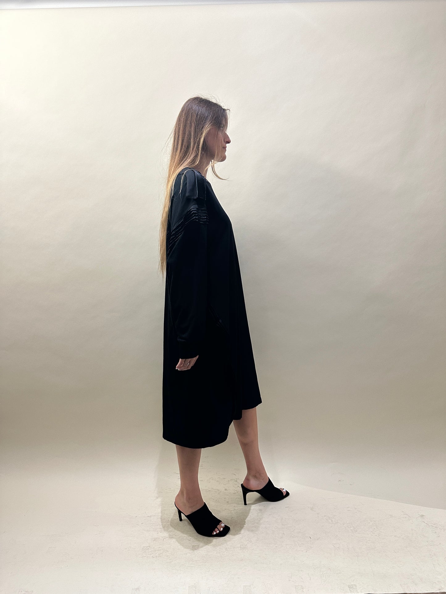MM6 Black Cotton Satin Ruched LS T-Shirt Dress Large - L