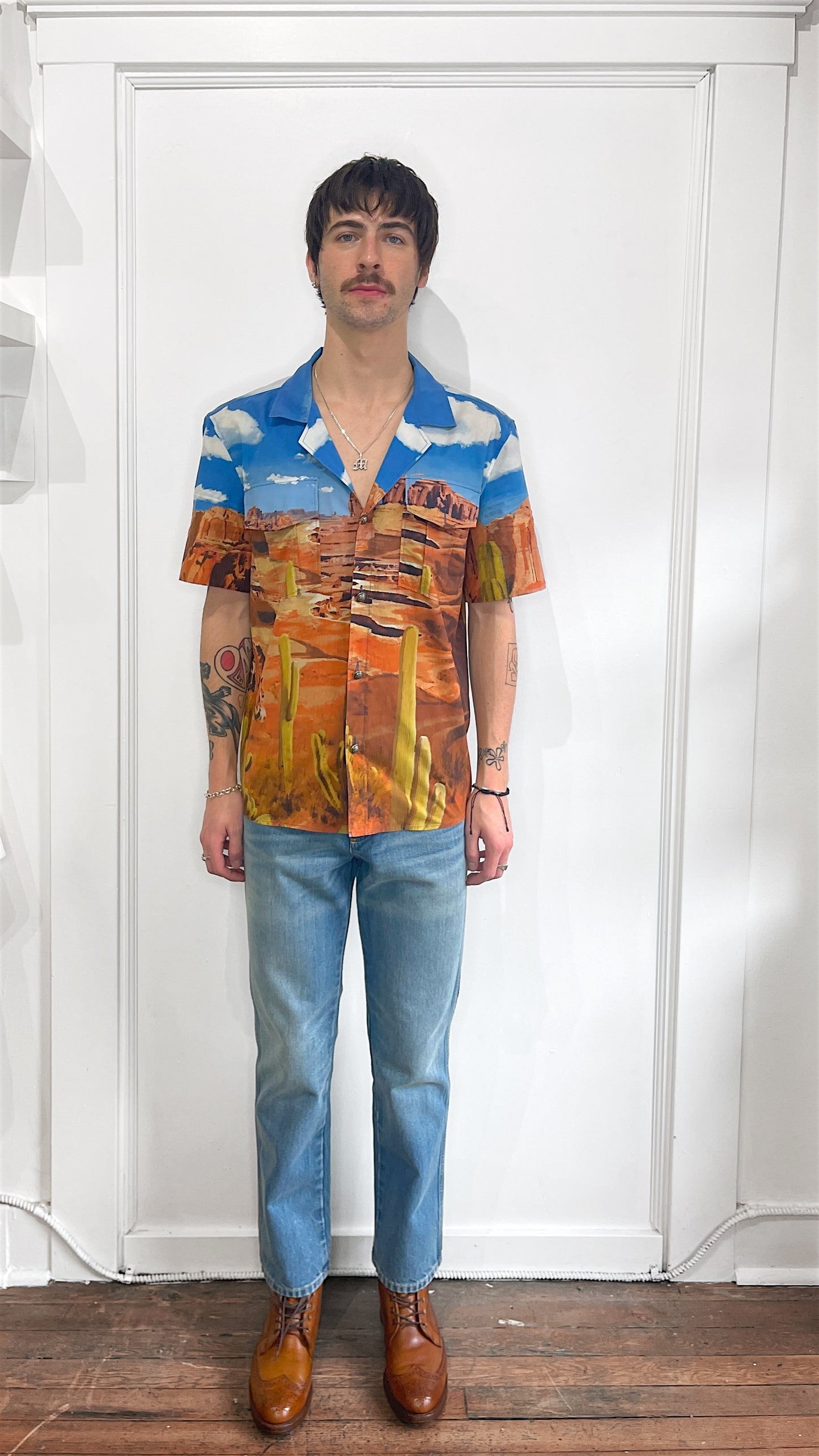 Balmain Blue & Orange Desert Print Western SS Button Up 39