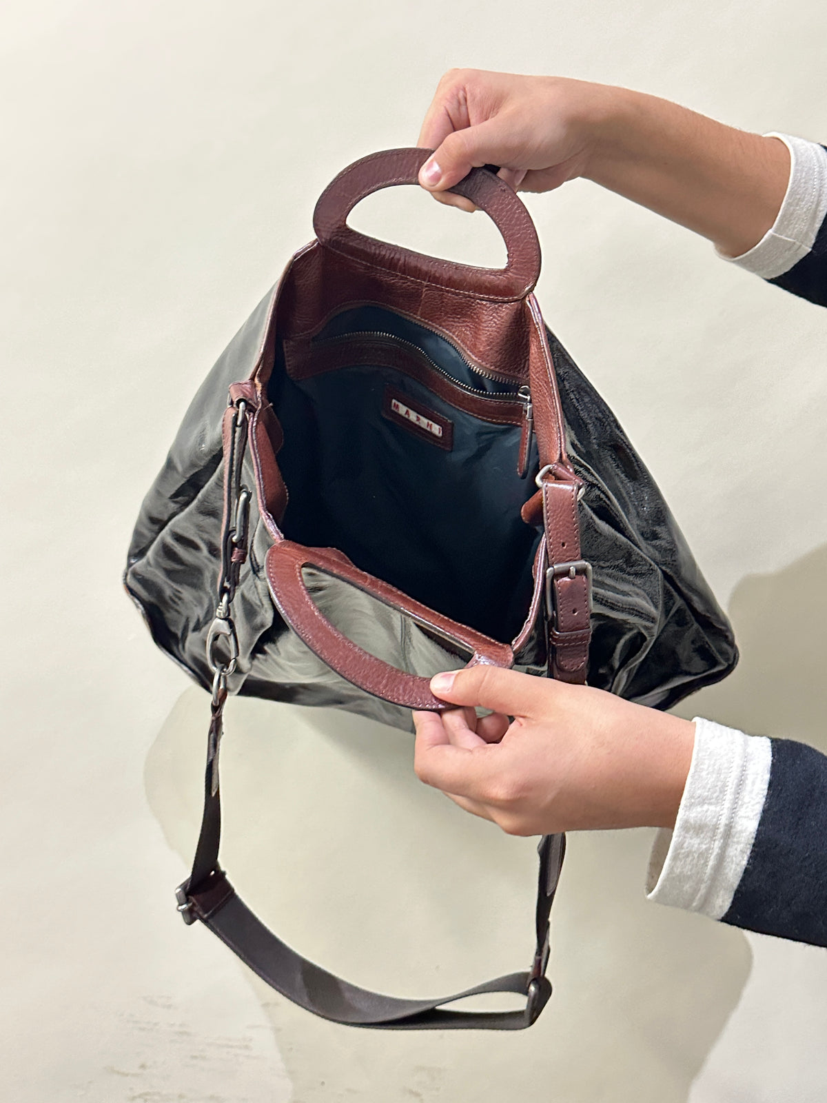 Marni Black & Brown Mixed Leather Hobo Bag