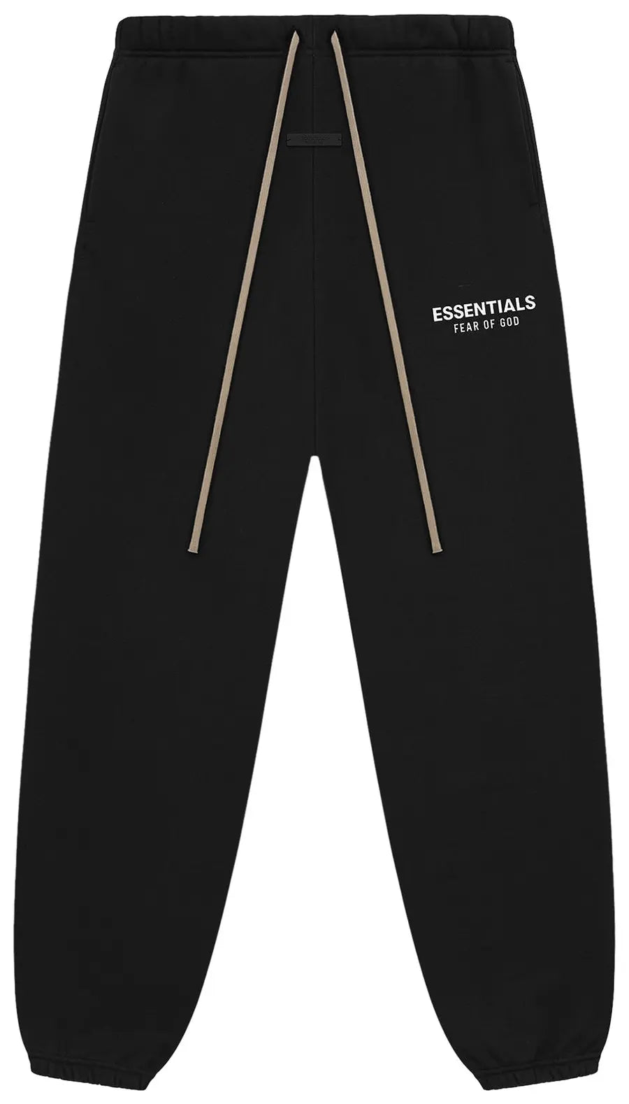 Black sweatpants with 'ESSENTIALS' logo on a white background