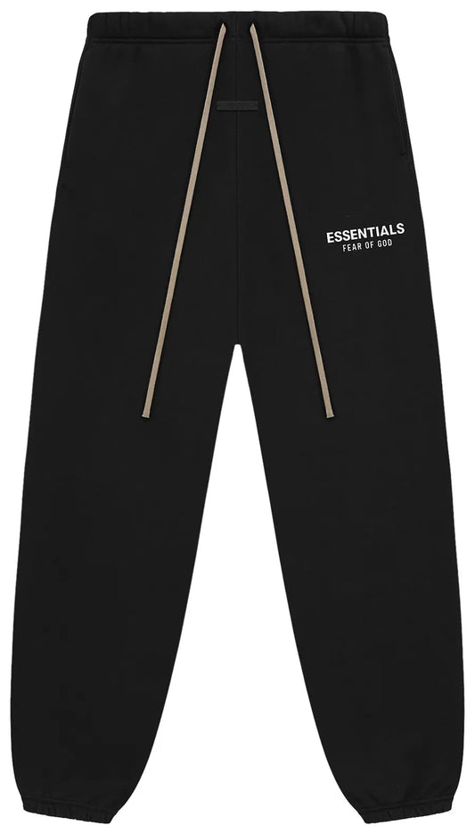 Black sweatpants with 'ESSENTIALS' logo on a white background