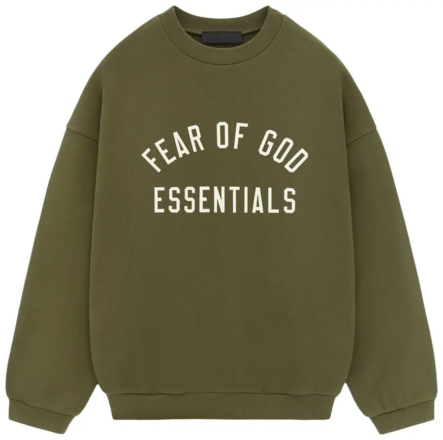 Green sweatshirt with 'Fear of God Essentials' text on a white background