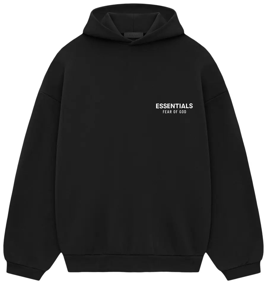 Black hoodie with 'ESSENTIALS FEAR OF GOD' text on a white background