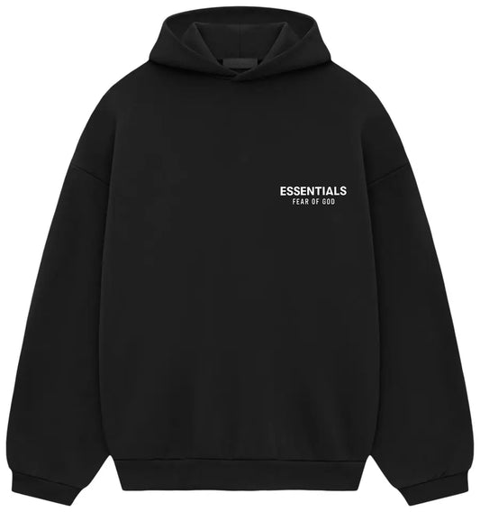 Black hoodie with 'ESSENTIALS FEAR OF GOD' text on a white background