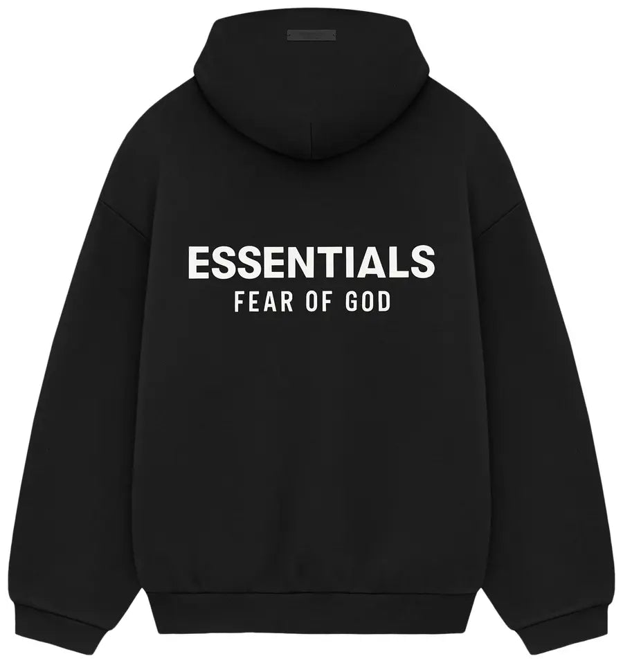 Black hoodie with 'ESSENTIALS FEAR OF GOD' text on the back against a white background