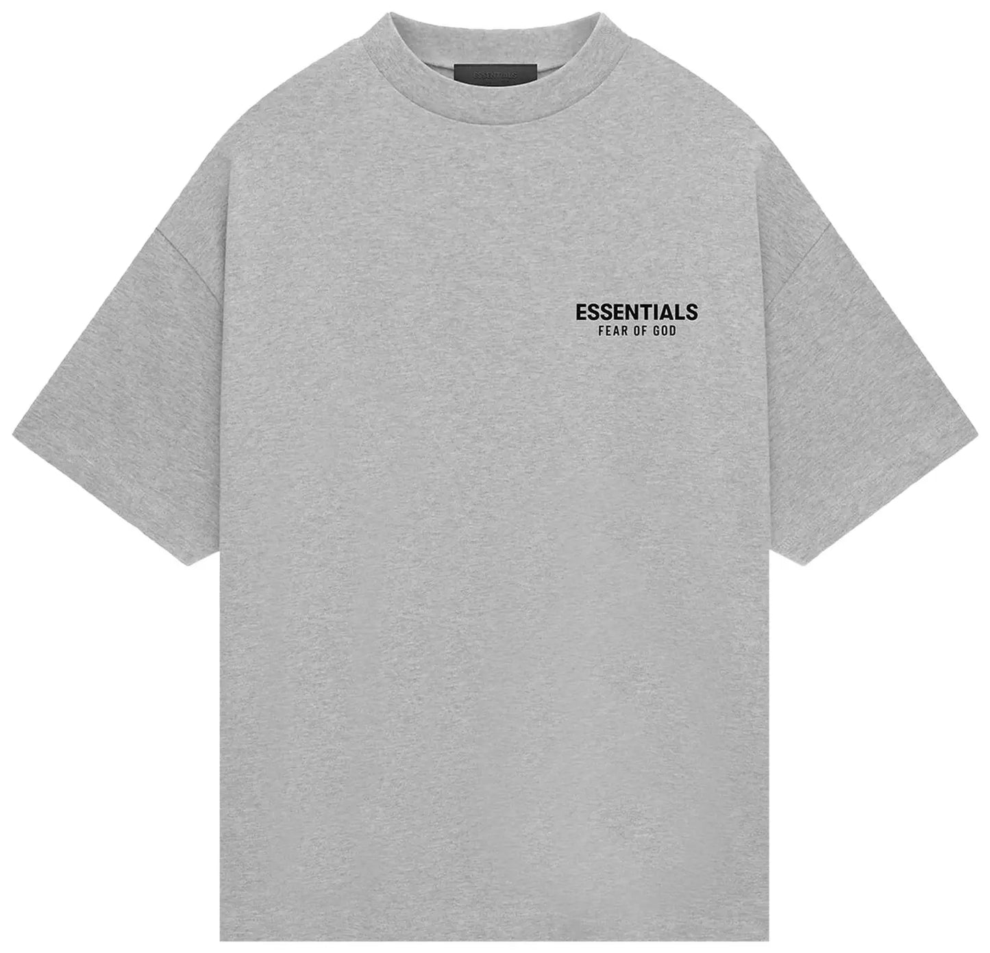 Gray t-shirt with 'ESSENTIALS FEAR OF GOD' text on a white background