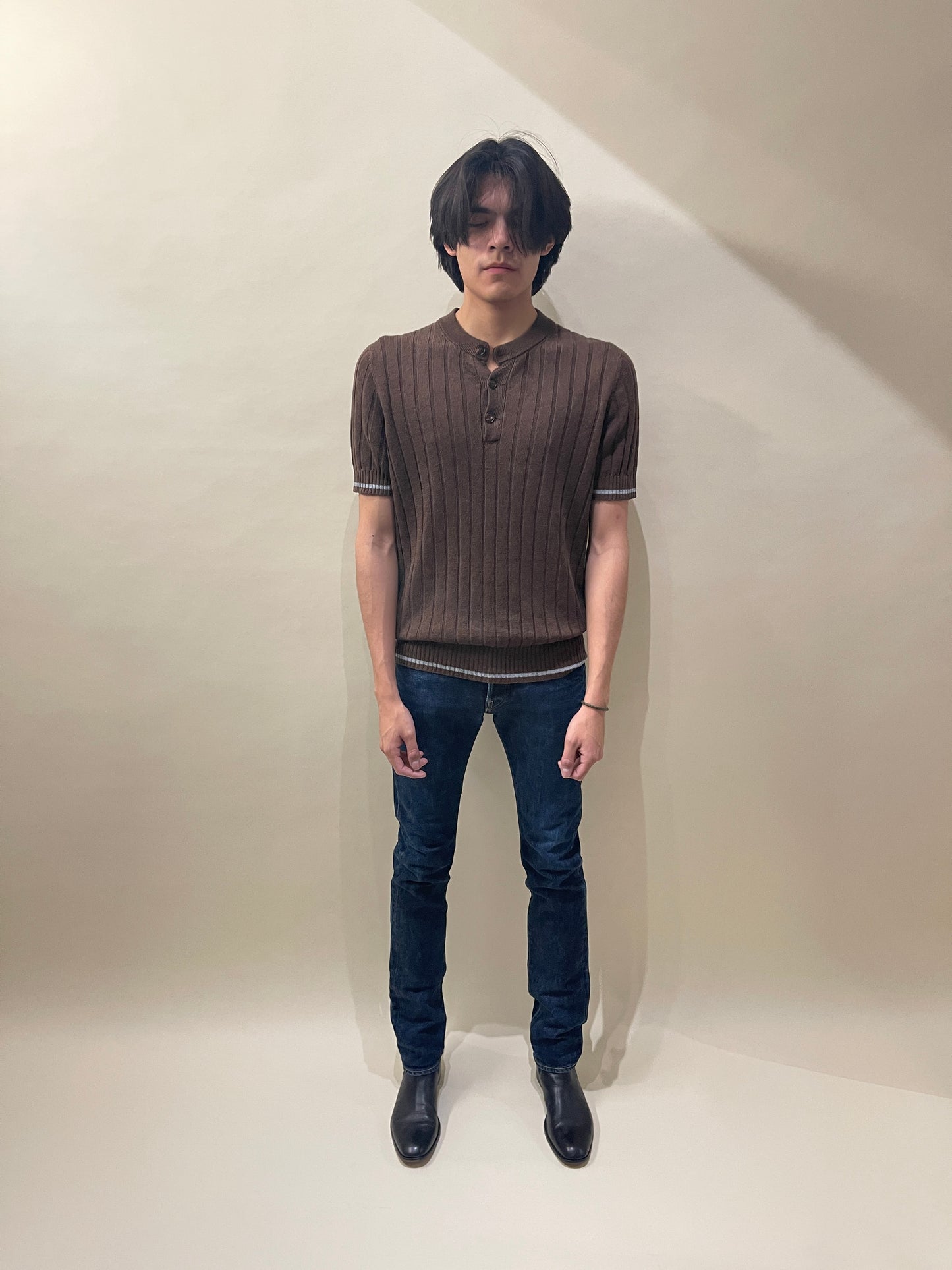 Brunello Cucinelli Dark Brown Cotton Ribbed Knit Crewneck SS Henley 40