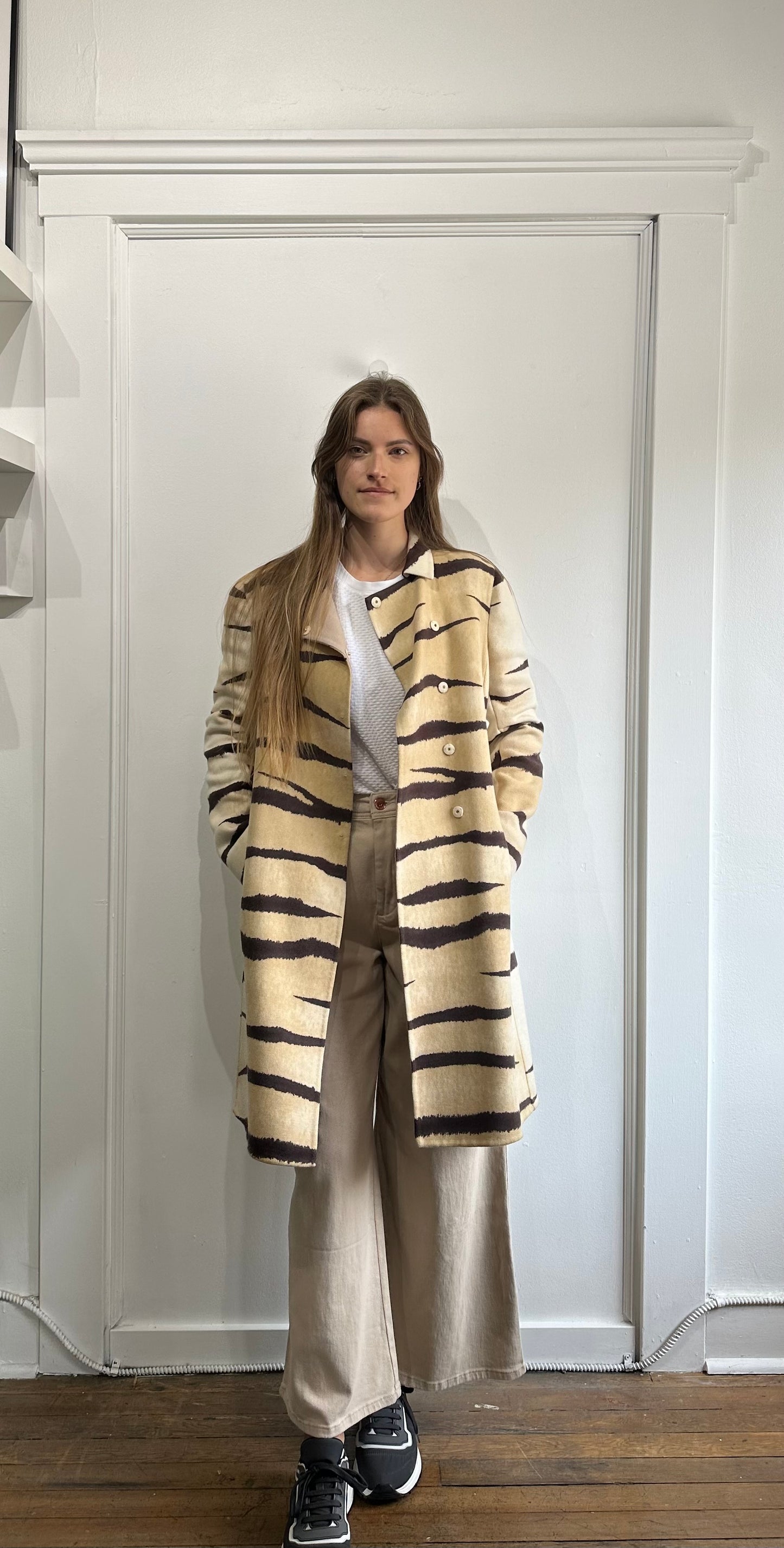 Valentino Tan & Brown Tiger Stripe Fleece Wool Overcoat 44