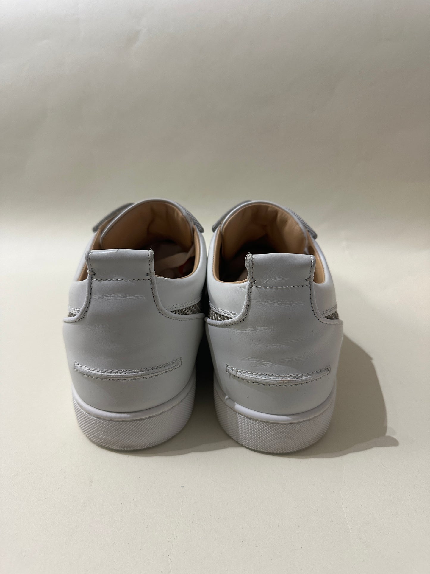 Christian Louboutin White & Beige Woven Louis Junior Spikes Sneakers 12 M / 13.5 W