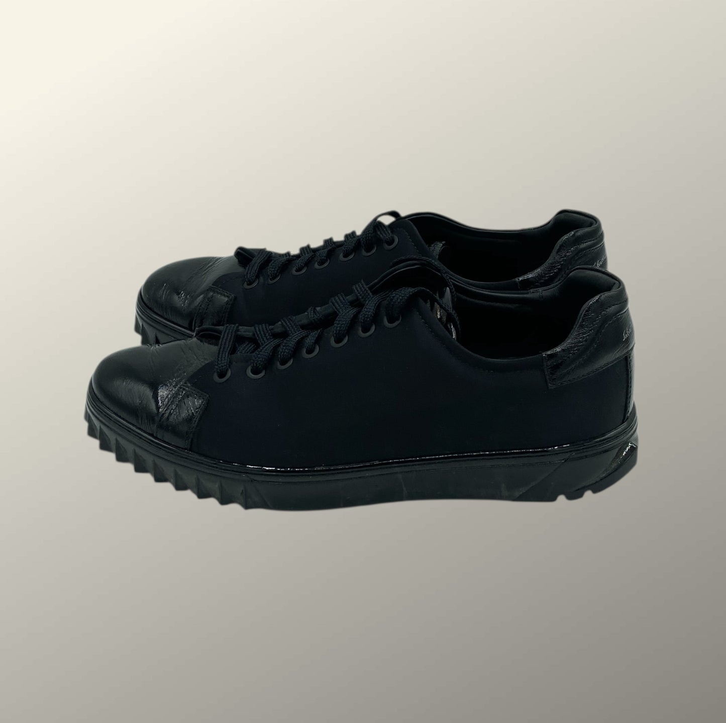 Salvatore Ferragamo Black Nylon & Patent Leather Cube Sneakers 8.5 M / 10 W