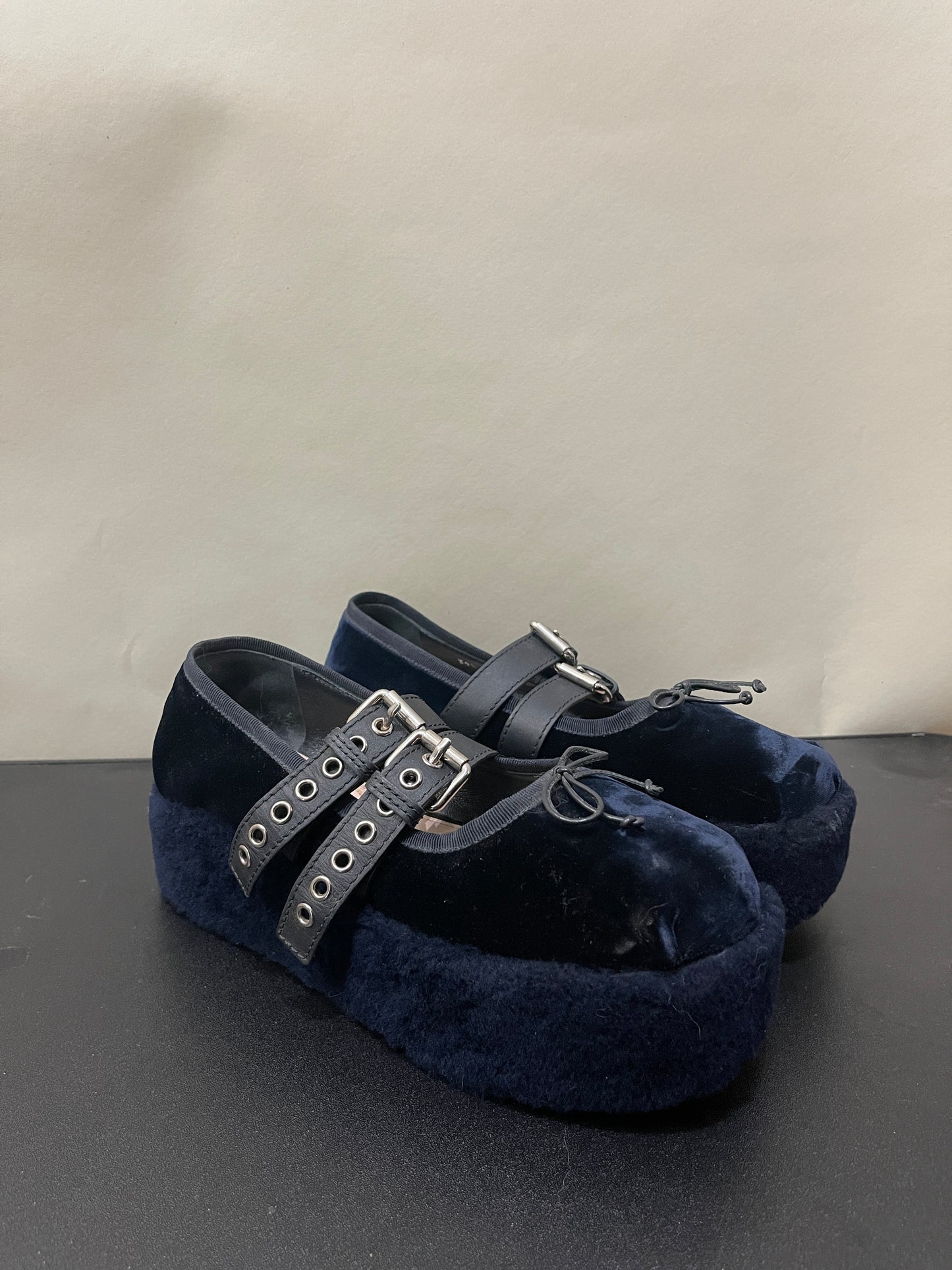 Miu Miu Navy Blue Velvet Platform Ballet Flats 7.5 M / 9 W