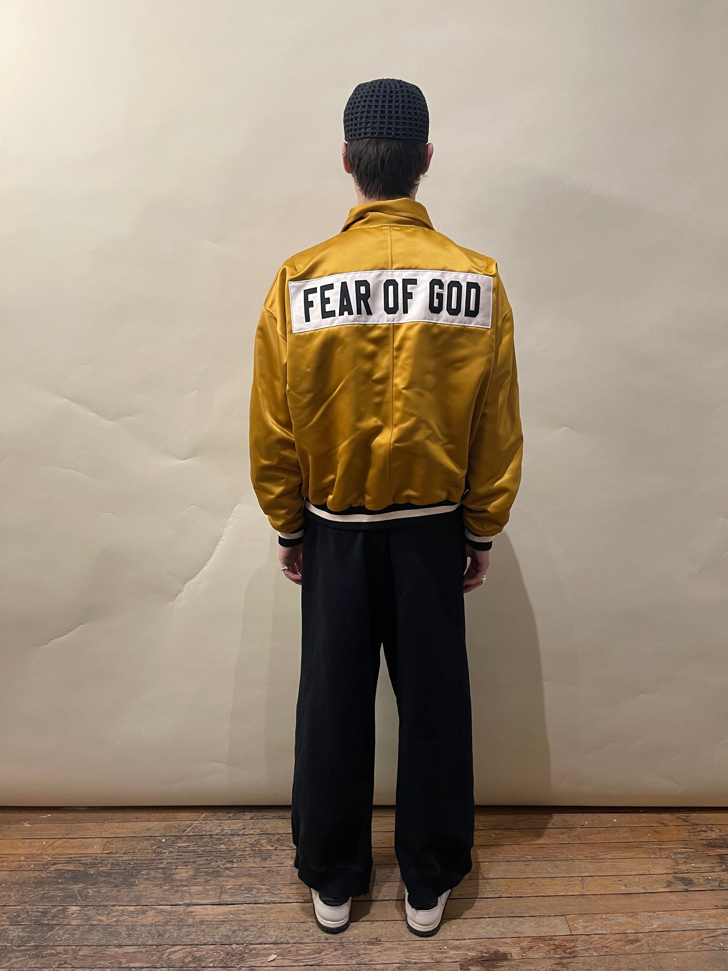 Fear of God Gold Satin Coaches Bomber Jacket Large - L