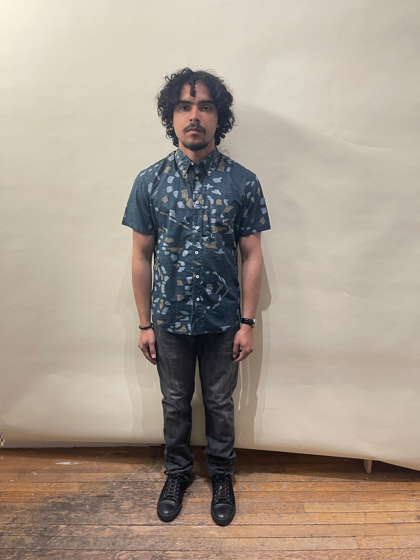 Billy Reid Indigo Camo-esque Pattern SS Button Up Shirt Small - S