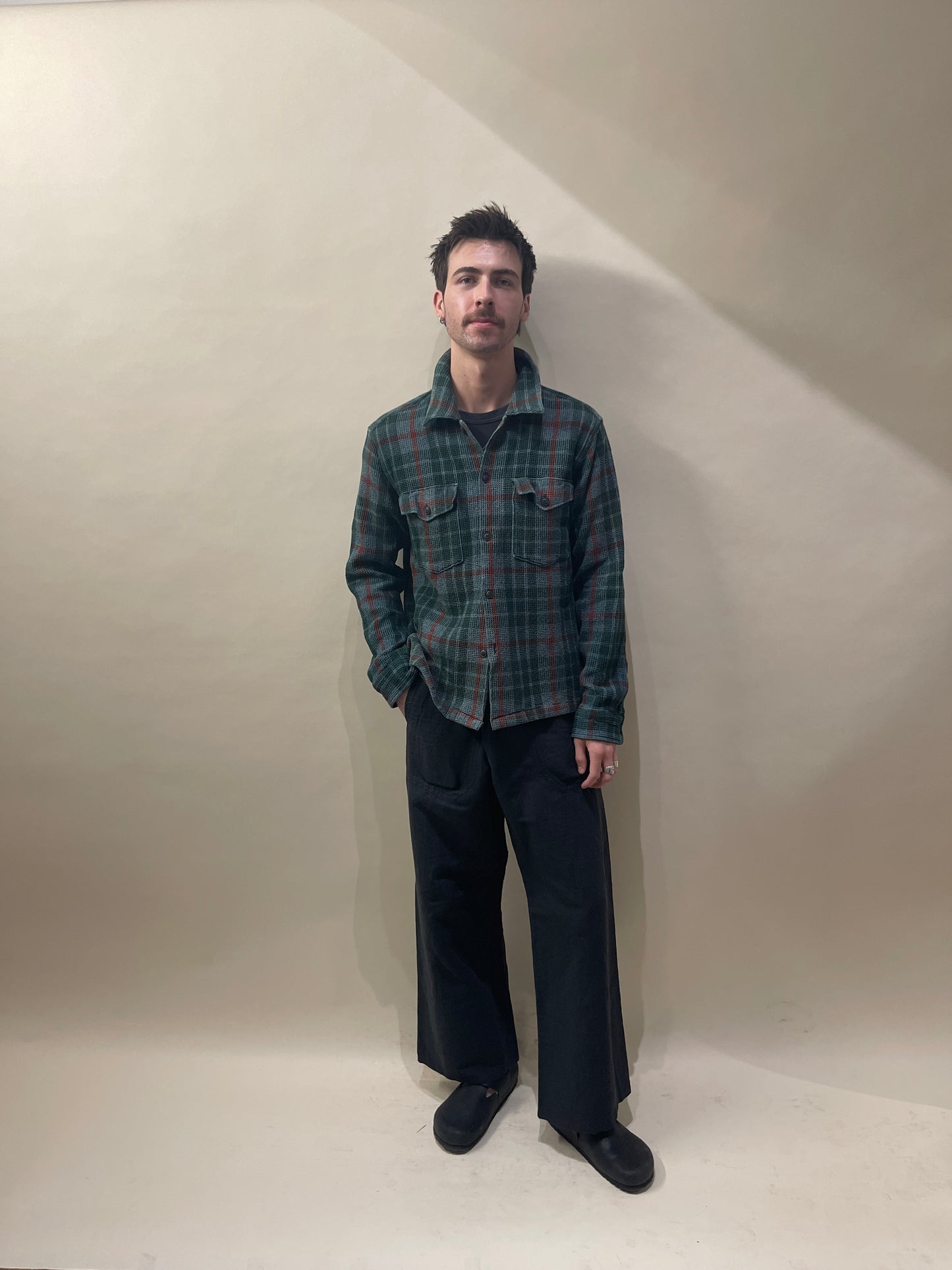 Corridor Green & Brick Plaid Waffle Cotton Overshirt Medium - M