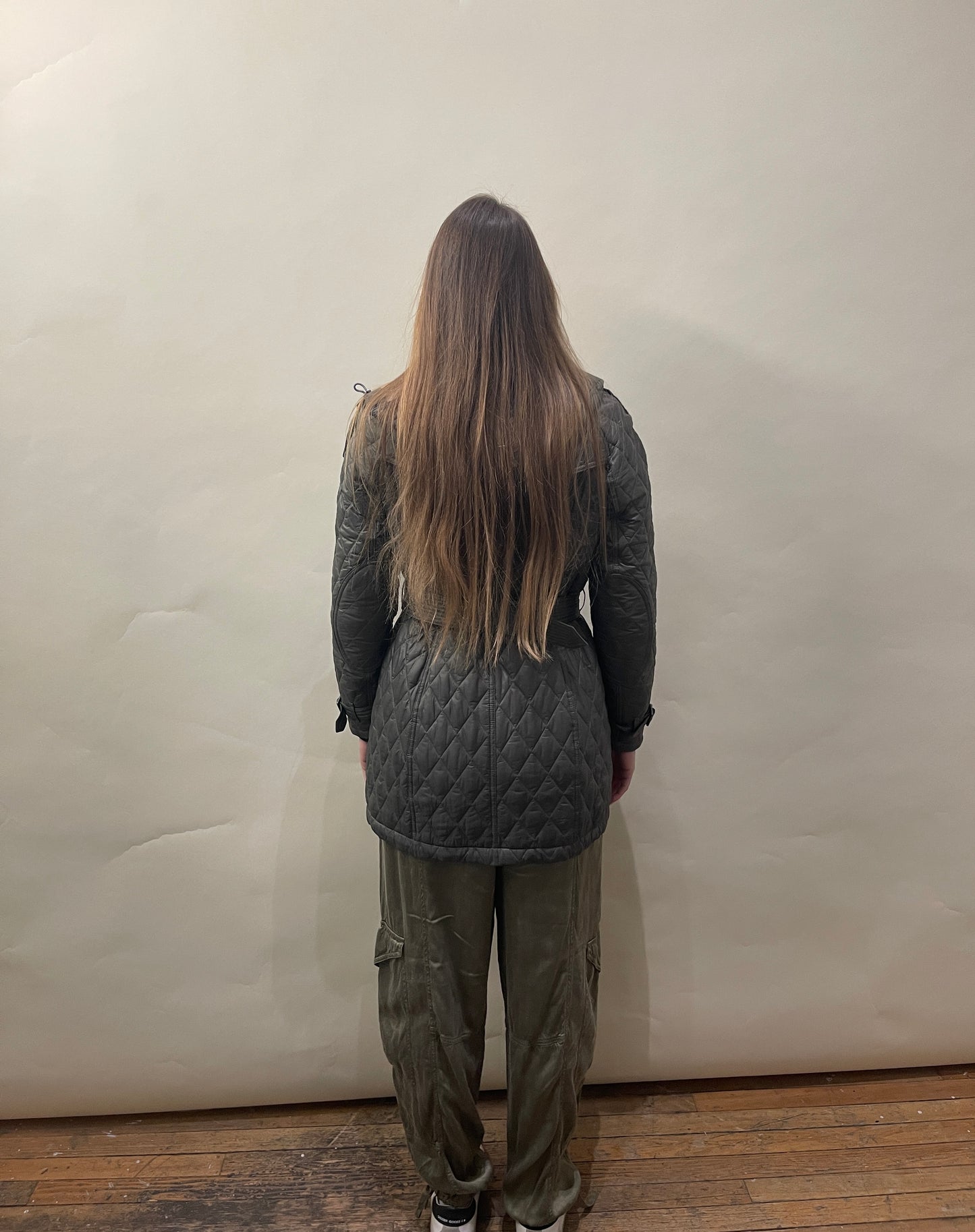 Burberry Sage Green Quilted Nylon Belted Jacket Medium - M