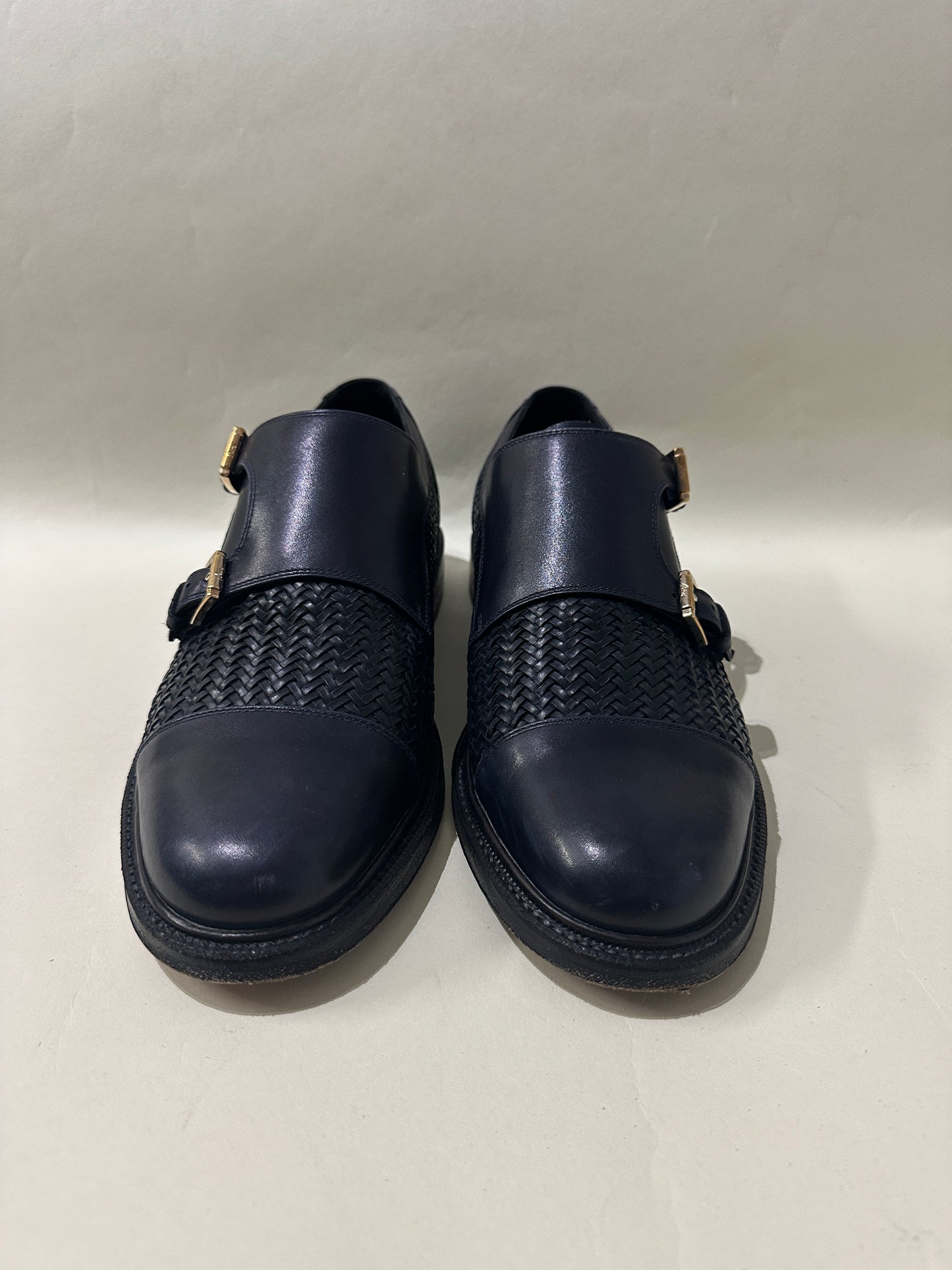 Brioni Navy Blue Leather Woven Monk Strap Dress Shoes 10 M / 11.5 W