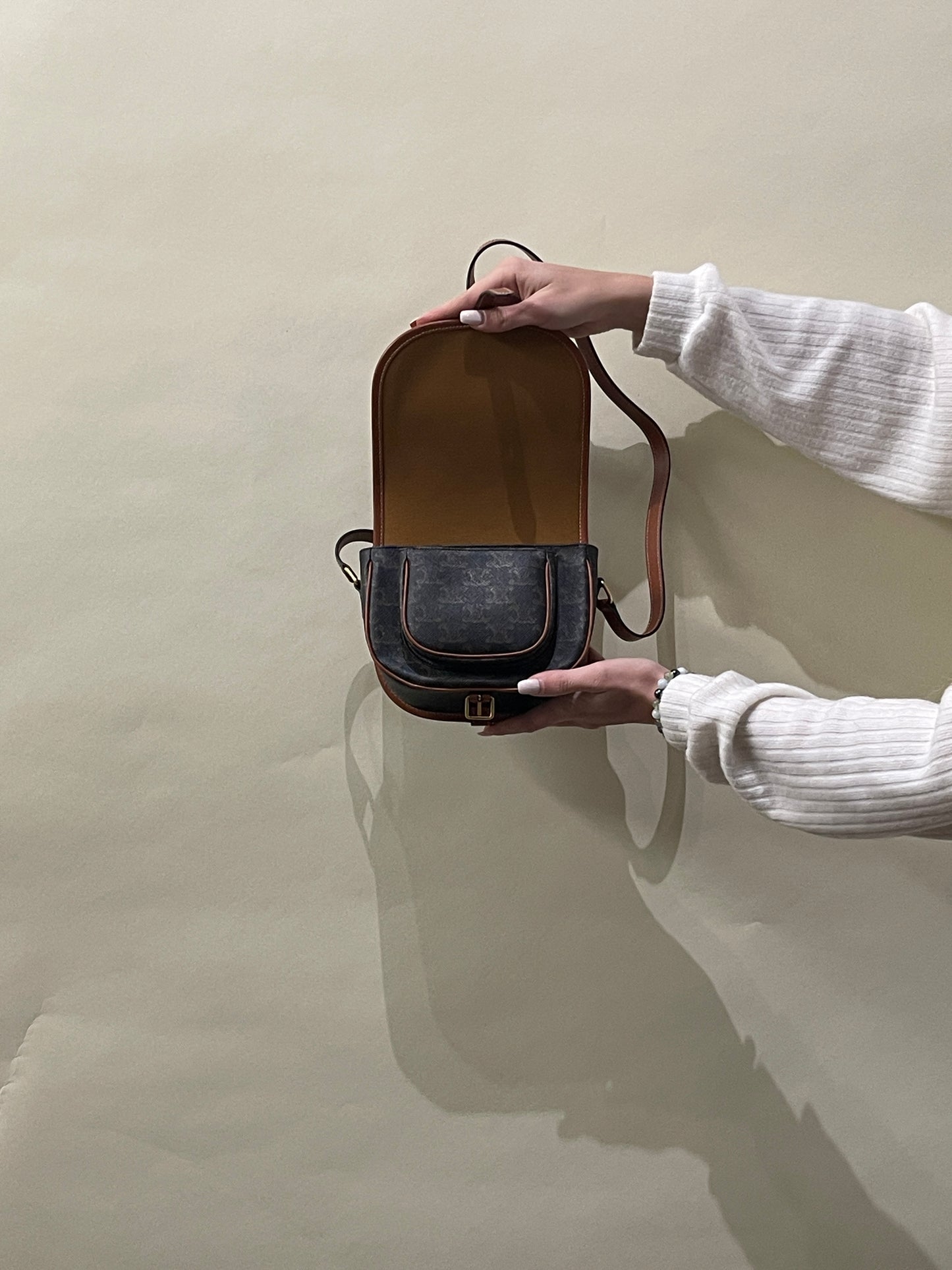 Celine Light & Dark Brown Triomphe Coated Canvas Folco Crossbody Bag