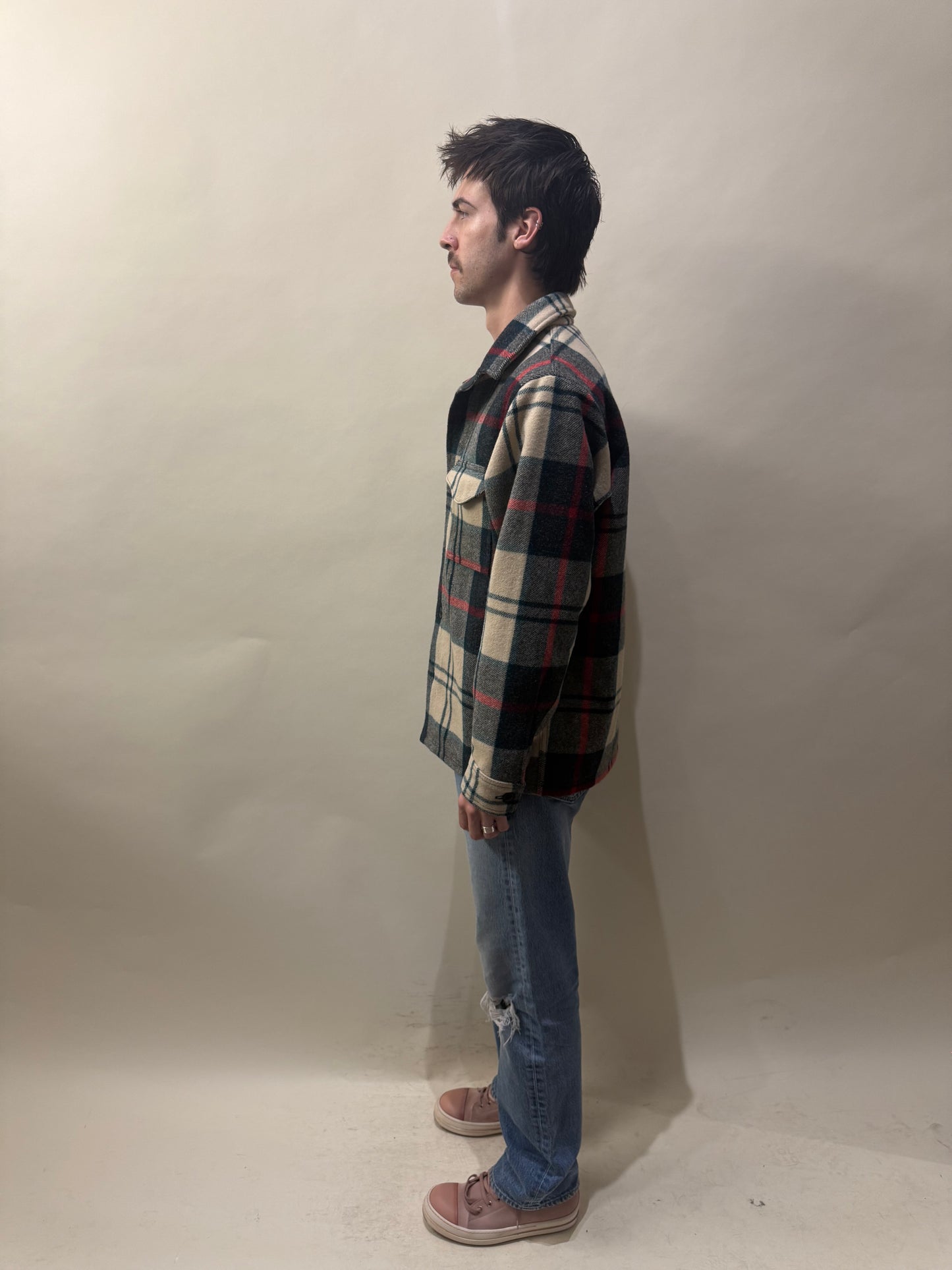 Filson Cream, Blue, & Red Plaid Mackinaw Wool Jac Shirt Small - S