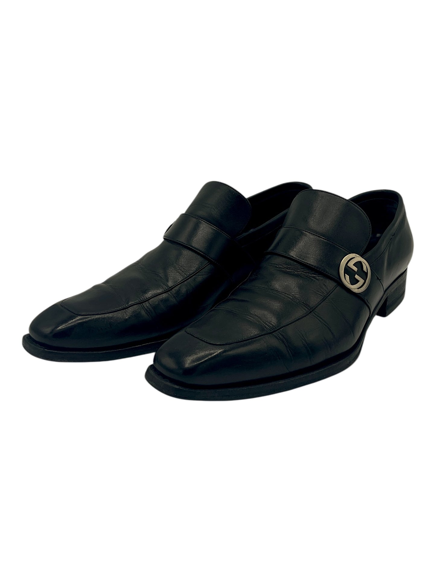 Gucci Black Leather GG Buckle Loafers