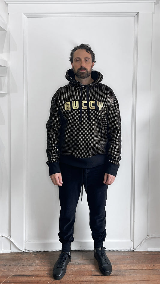 Gucci Black & Gold 'Guccy' Star Pattern Hoodie Large