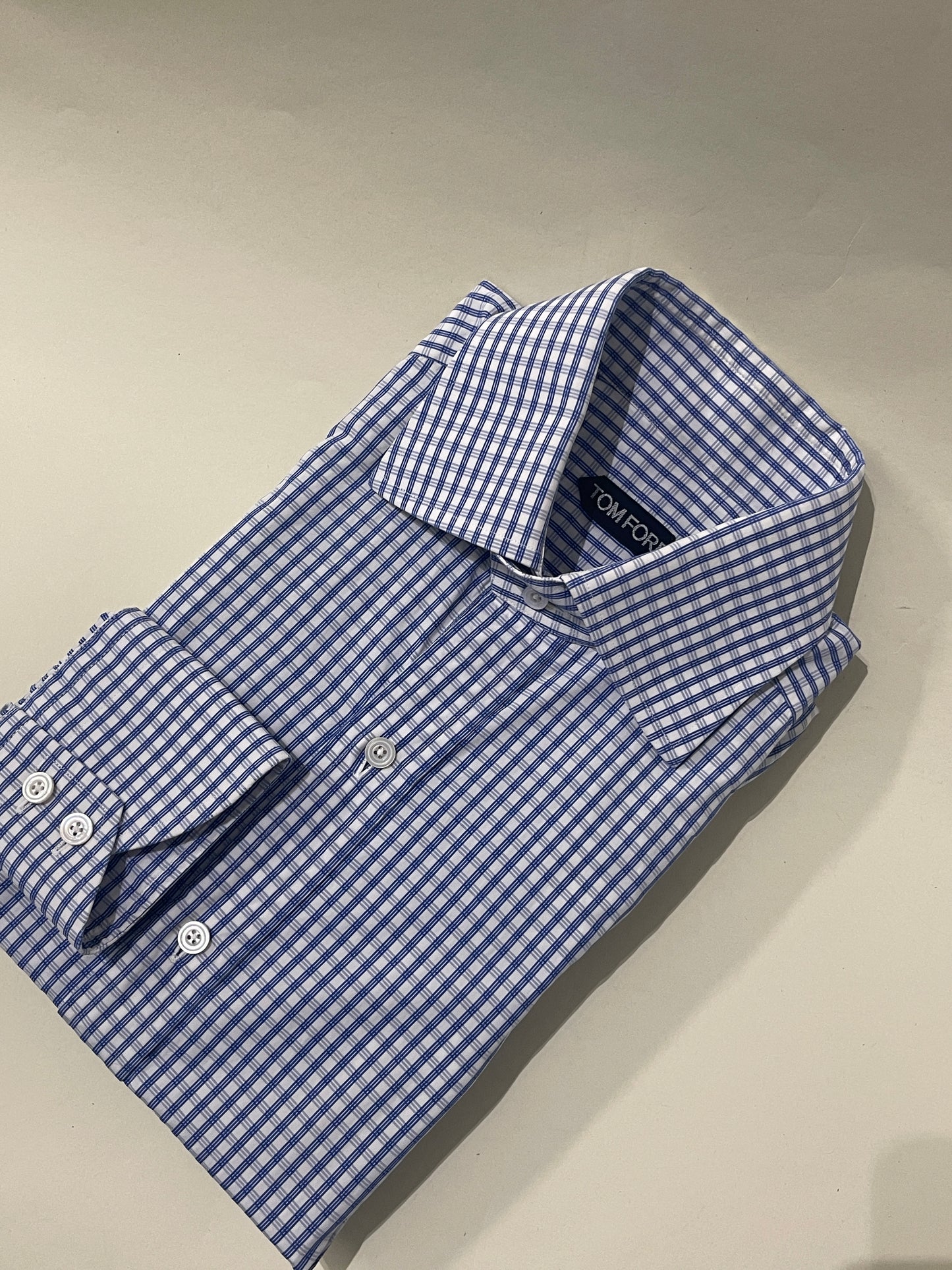 Tom Ford Blue & White Grid Check Cotton Dress Shirt 15.5