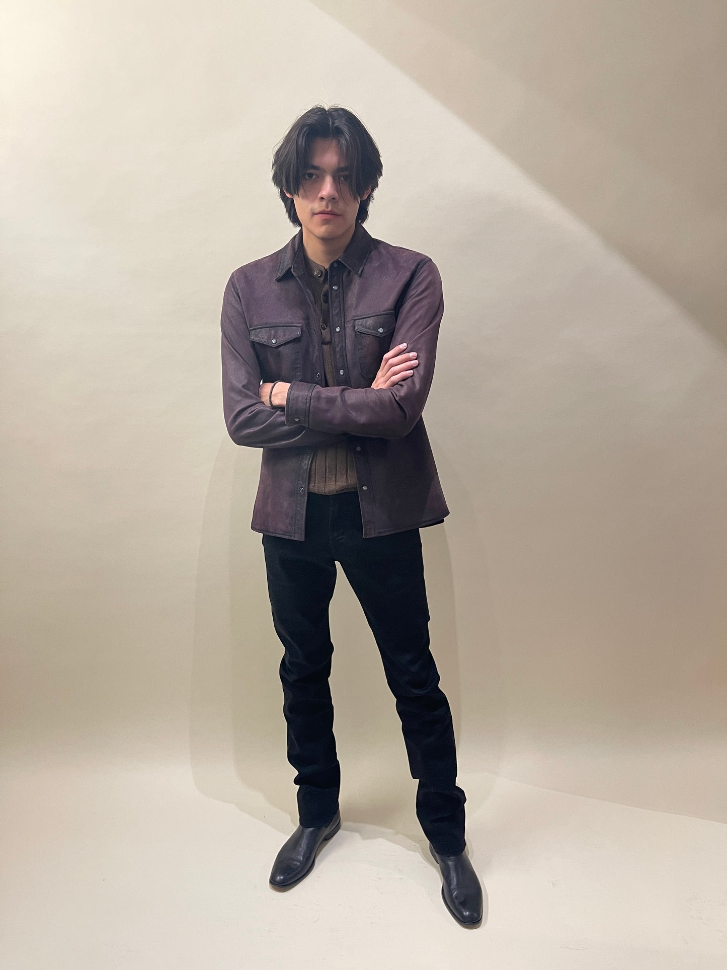 John Varvatos Purple Blistered Leather Shirt Jacket 40