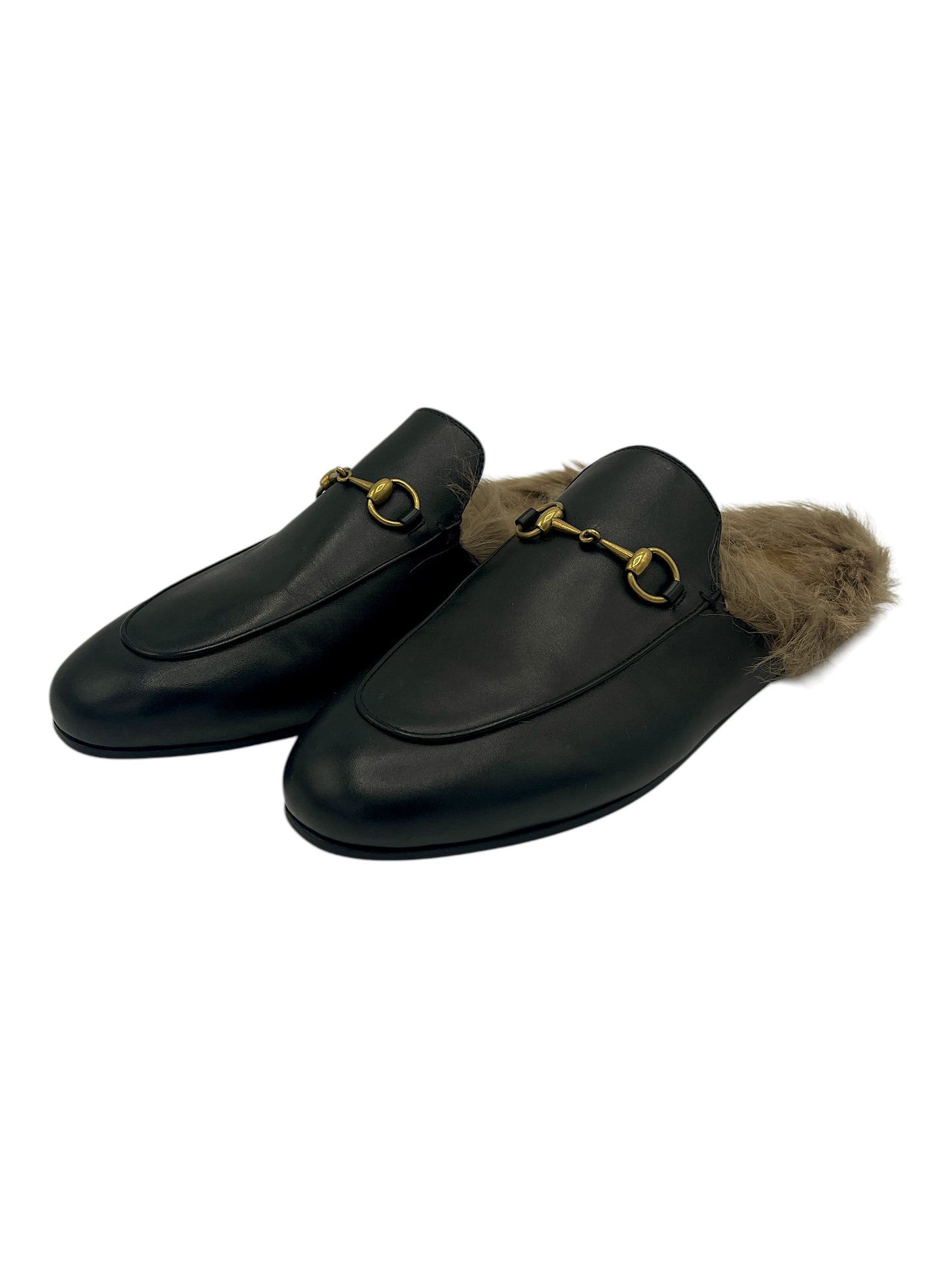 Gucci Black Leather Horsebit Fur Slippers 9 M / 10.5 W