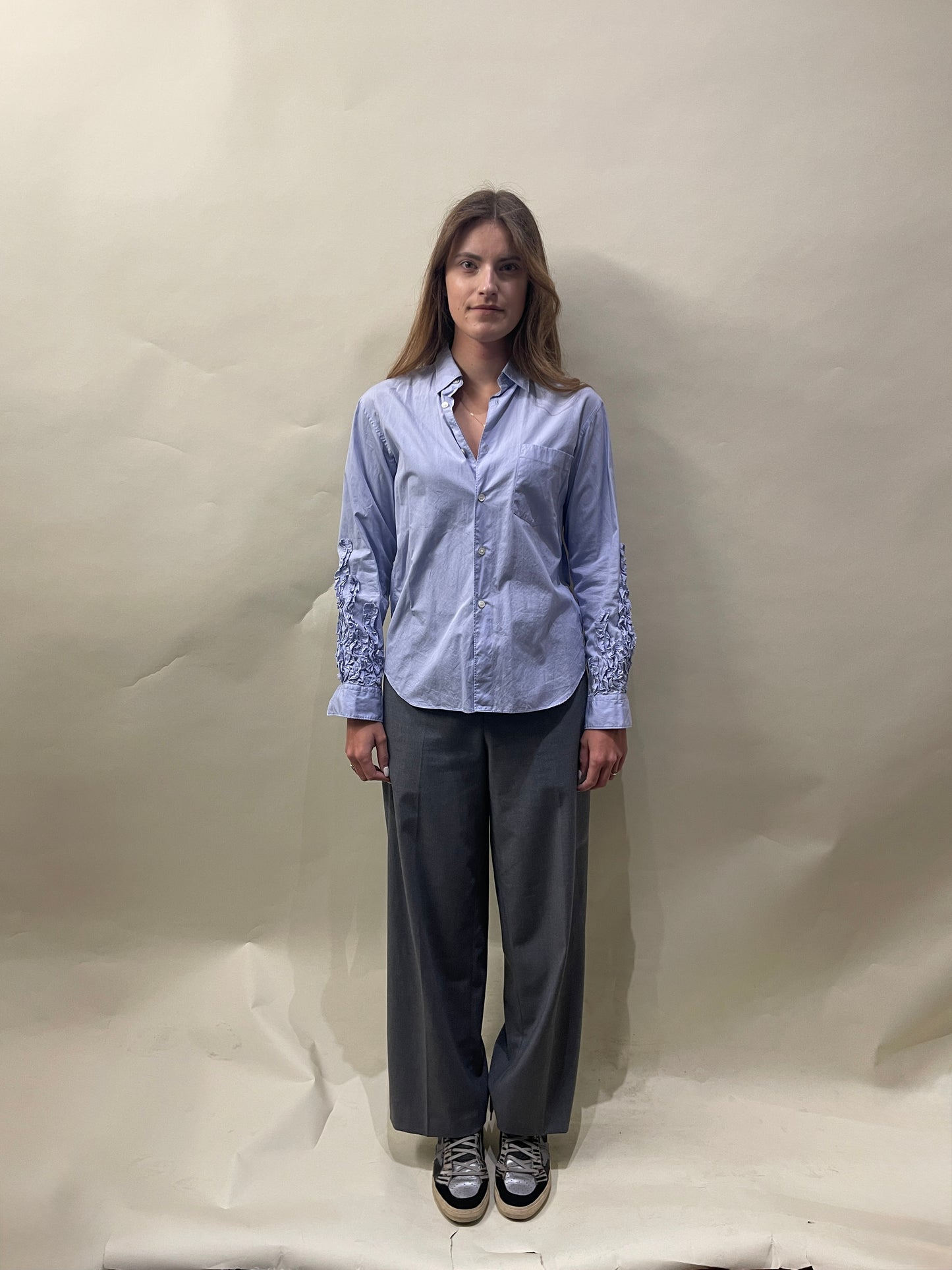 Comme Des Garcons Homme Plus Light Blue Cotton Ruffled Sleeve LS Button Up Extra Small - XS