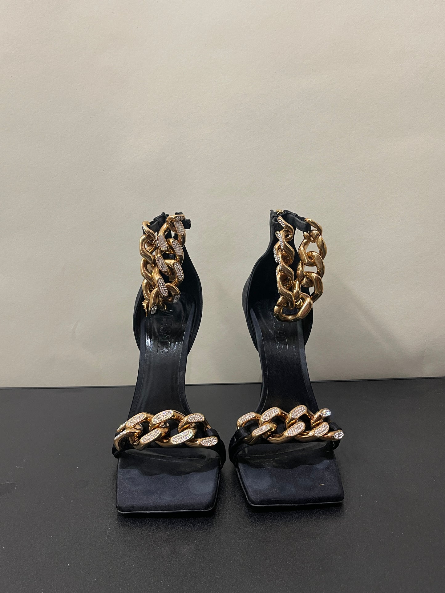 Versace Black Satin Medusa Chain High Heel Sandals 7.5 M / 9 W