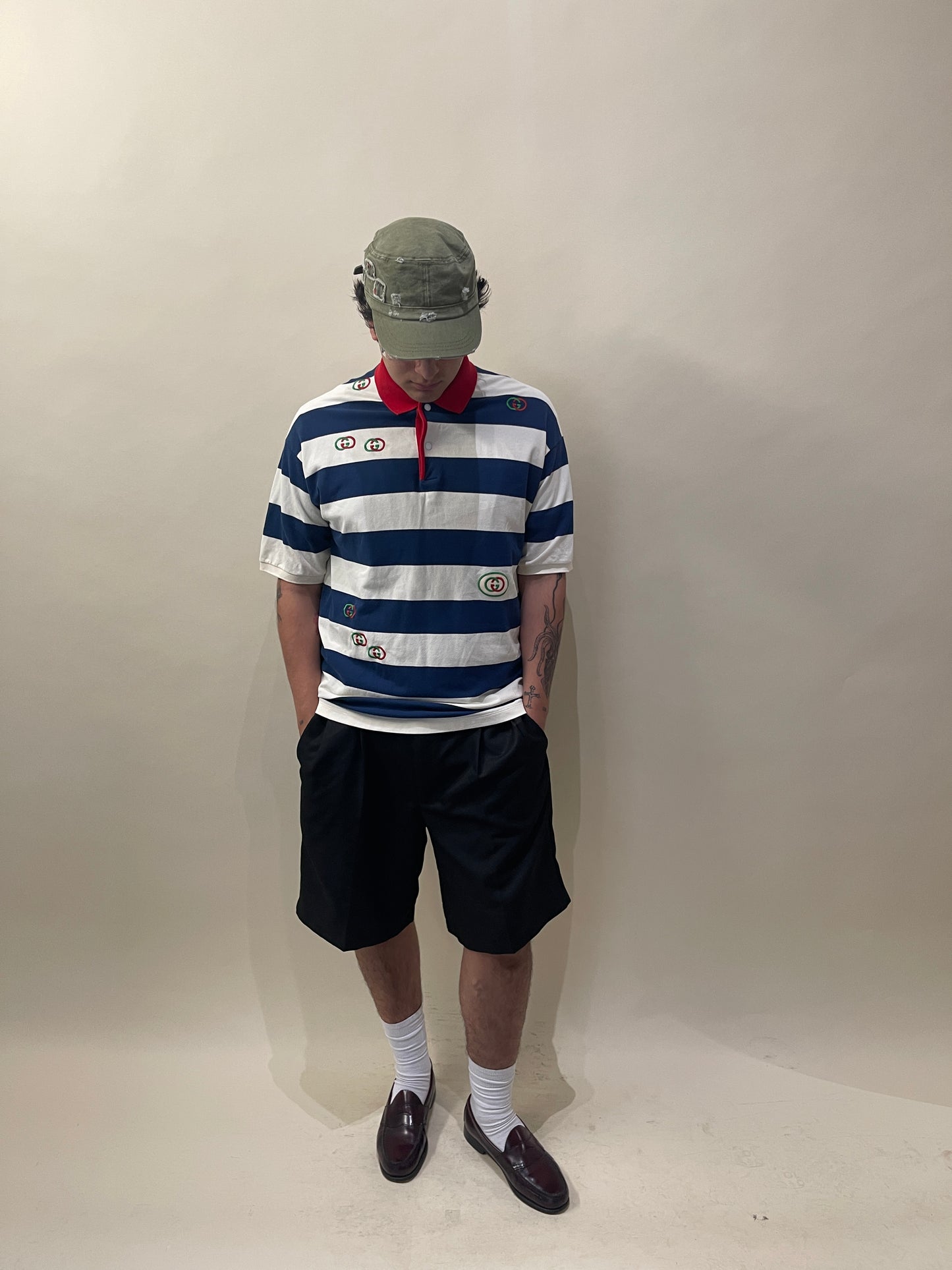 Gucci Navy & Cream Striped Cotton Pique Polo Extra Large - XL