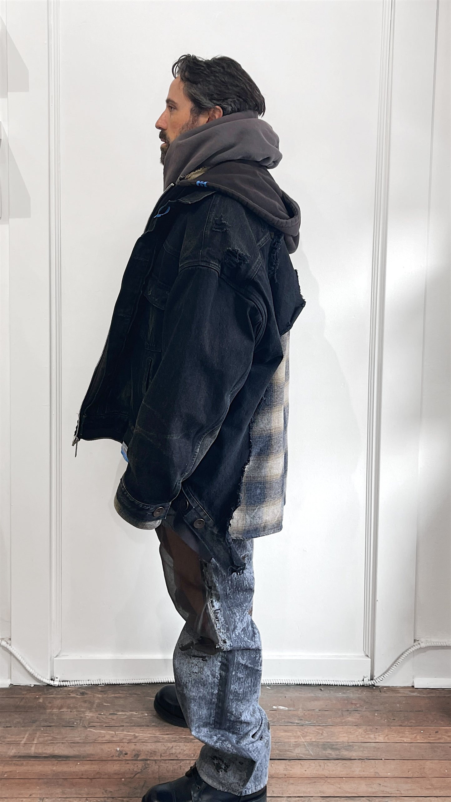 Mihara Yasuhiro Black & Brown Denim & Flannel Hybrid Jacket 50