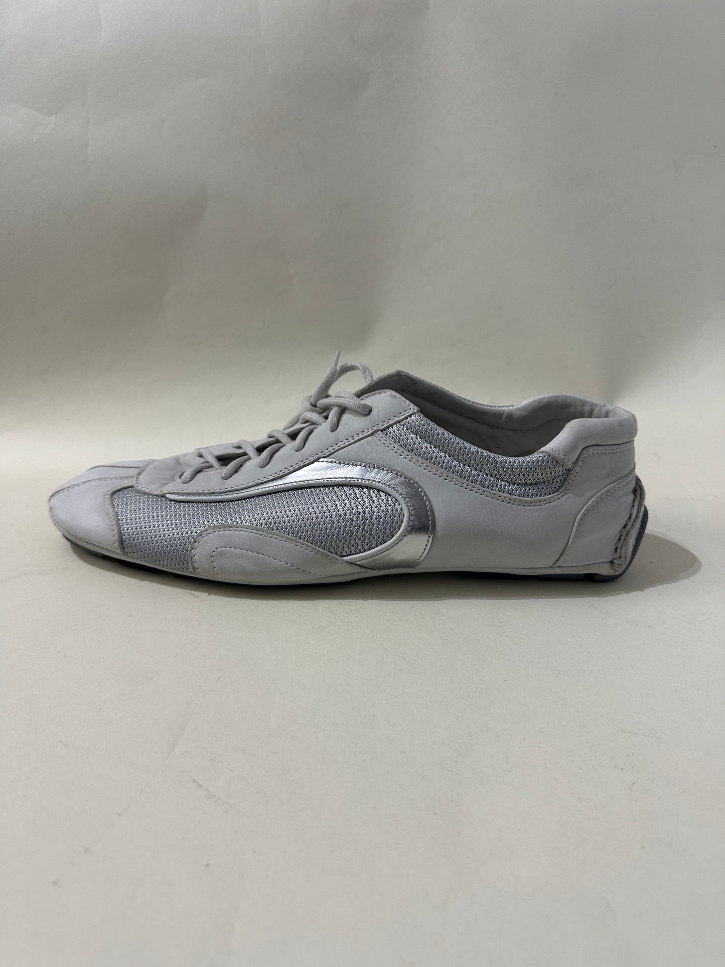 Prada White & Silver Montecarlo Flat Driving Sneakers 11 M / 12.5 W